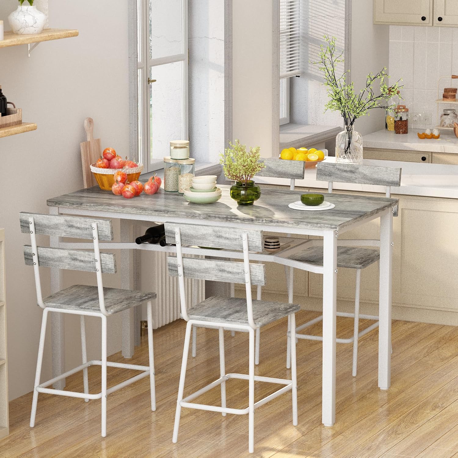 Hooseng 5-Piece Dining Table Set for 4, Counter Height Kitchen Table & 4 Bar Stools, Hightop Bar Table and Chairs Set with Storage, Farmhouse Small Dinette Set for Pub, Dining Room, Small Space