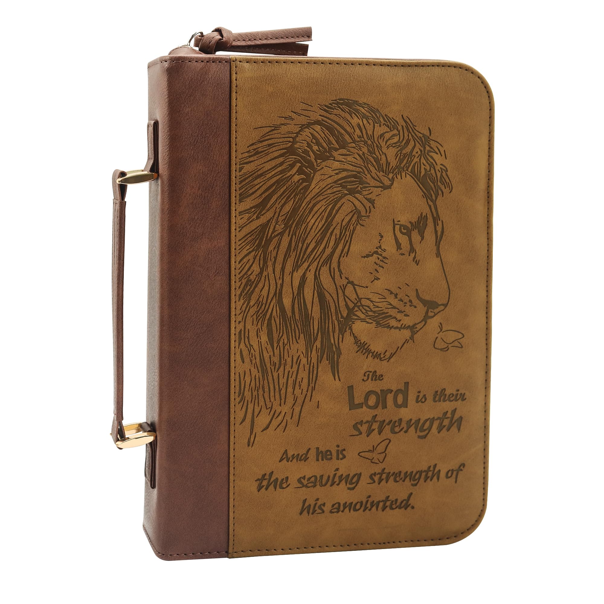 IvyRobes Bible Cover Case for Men Women Lion PU Leather Durable Zipper Bible Bag Carrying Case Medium Size Brown
