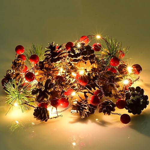 Miniatura 2 de Guirnalda de Navidad de 6.7 pies con luces, 20 luces LED con forma de cono de pino rojo y bayas, funciona con pilas, guirnalda de luces LED,
