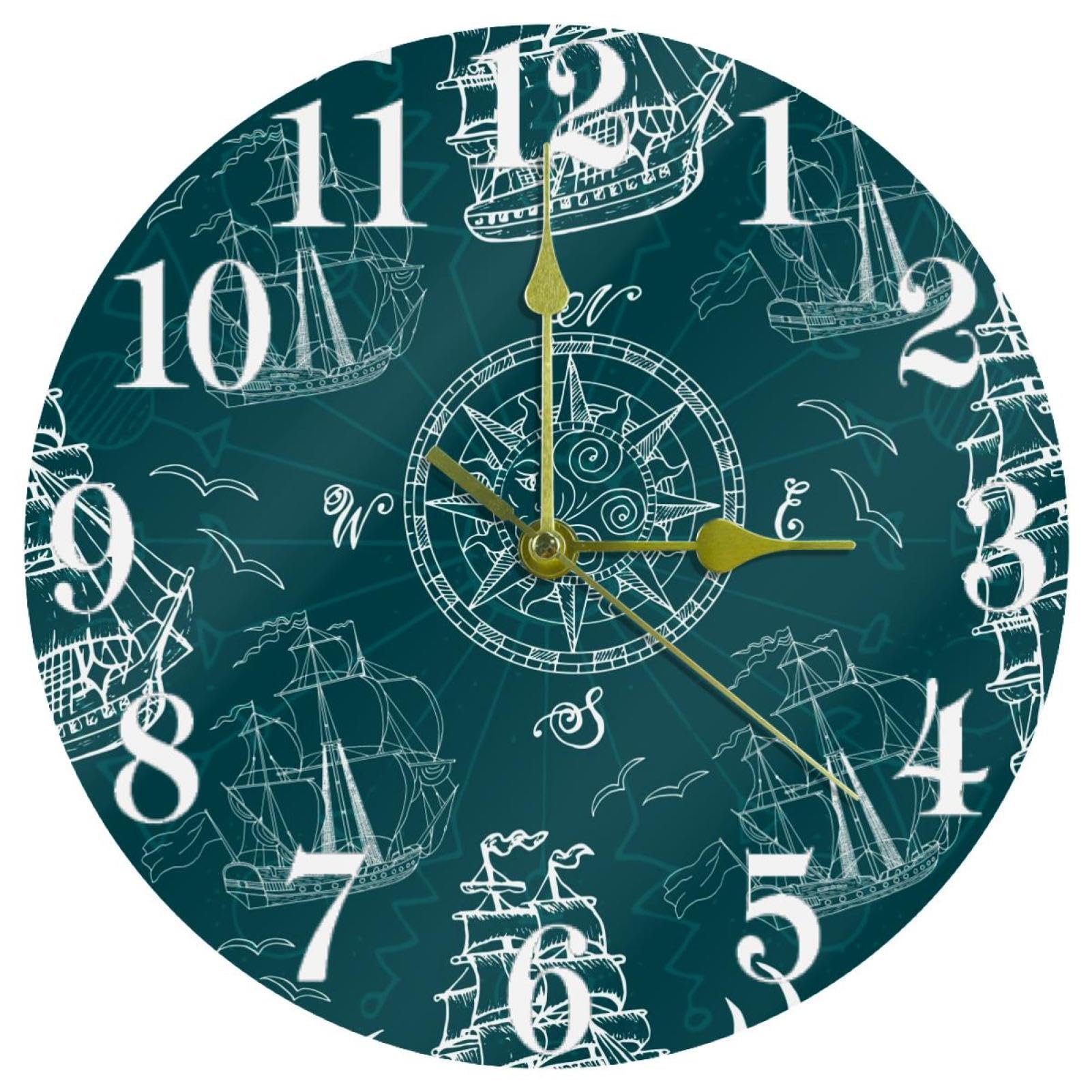 Horloge murale nautique silencieuse boussole mouettes pour bureau