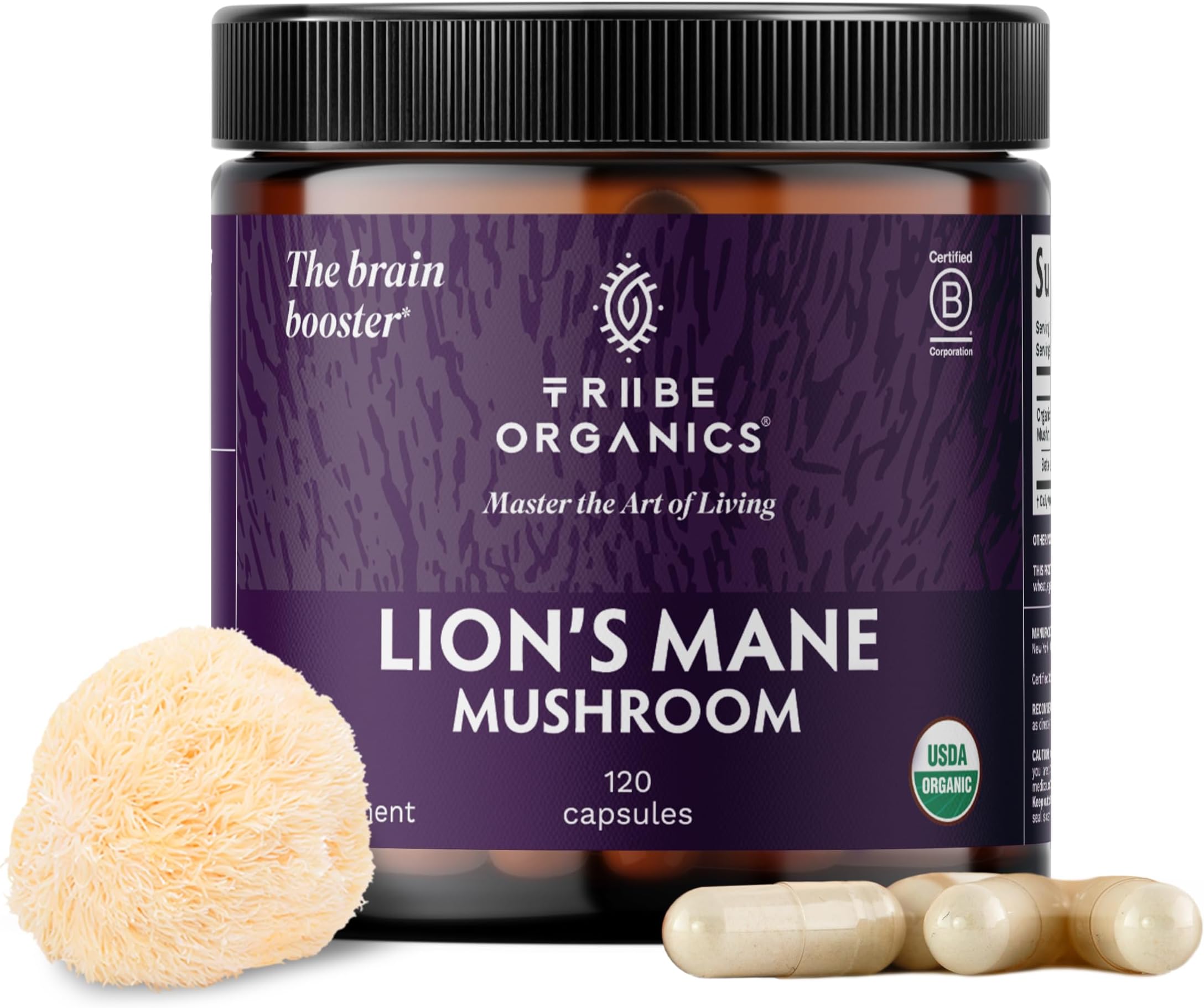 TRIBE ORGANICS Lion’s Mane Supplement 1000mg Mushroom Extract Powder - Immune System Booster & Brain Nootropic for Focus and Memory | Mental Clarity | Natural Energy and Immunity - 120 Vegan Capsules