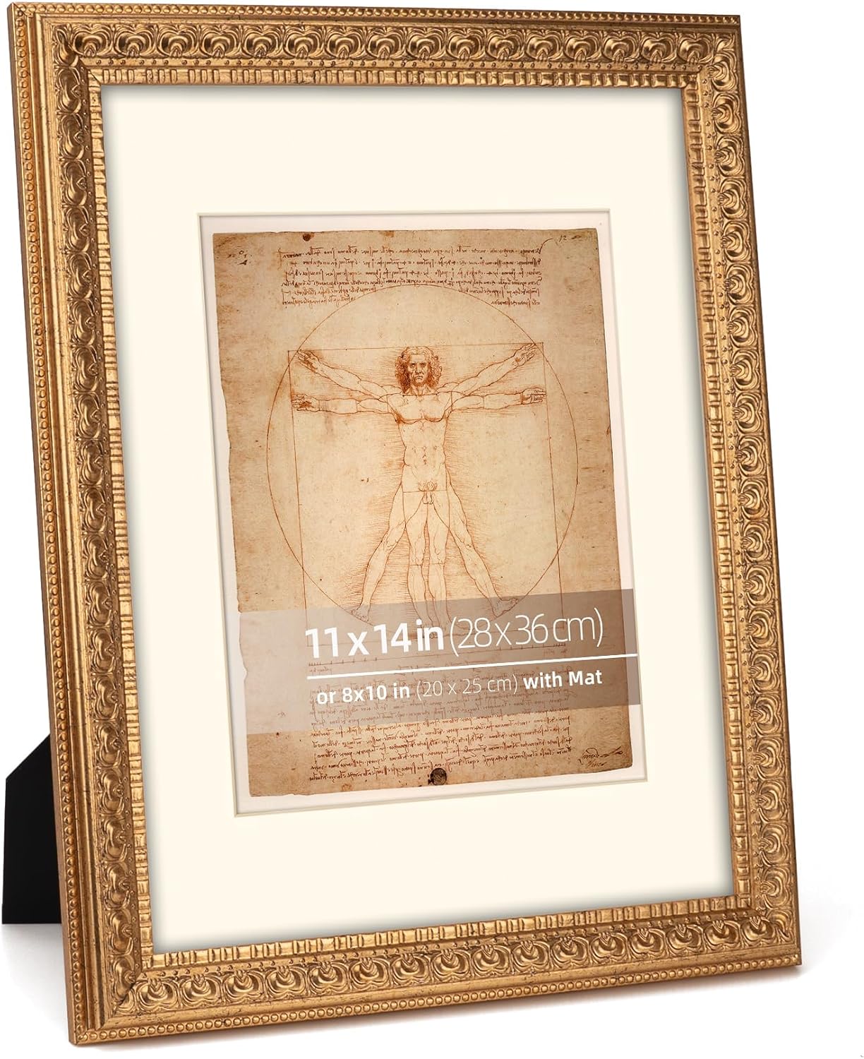 11x14 Distressed Gold Ornate Vintage Picture Frame, With Mat 8x10 inches, Real Glass Protection, Horizontal or Vertical Display - Image 3