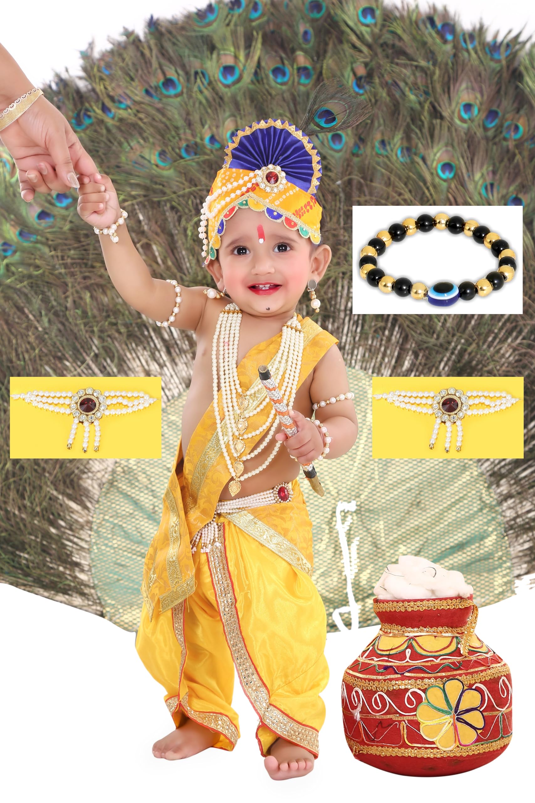 Raj Fancy Dresses Krishna Dress for Kids, Baby Krishna Dress for Janmashtami with Krishna Mukut, Peacock Feather & Flute Embroidered Krishna Costume for Girl & Boy, 3 Months-8 Years