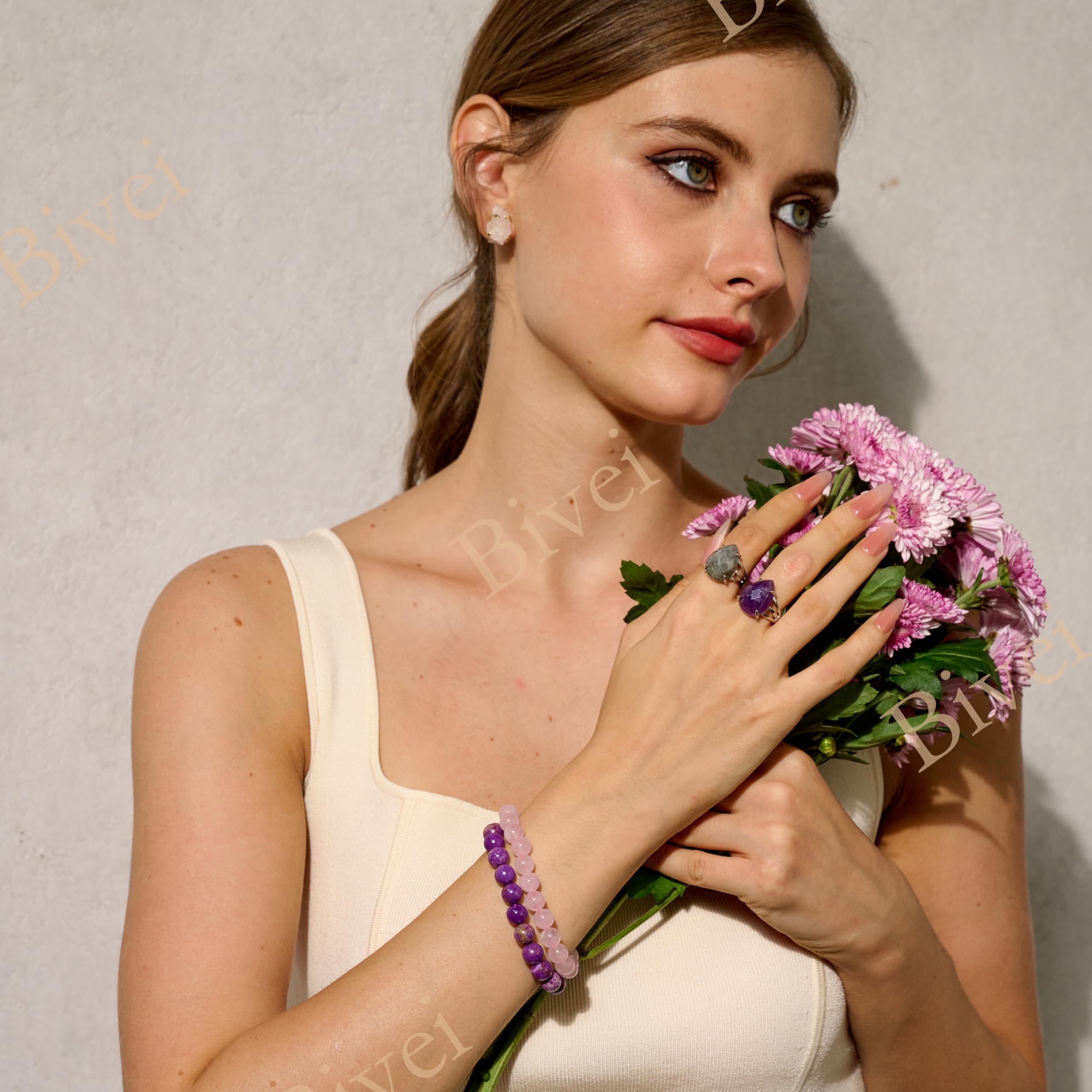 Bivei Pulsera de Cuentas Para Las Mujeres 8mm Piedra Semipreciosa Natural Stretch Cristal Elástico Joyería Yoga Regalos