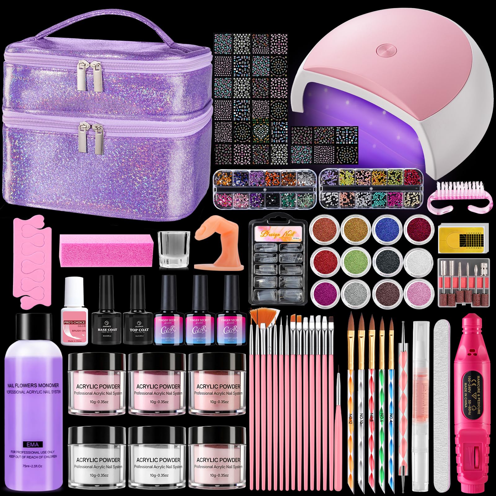 Deciniee Kit per unghie in acrilico: set in polvere acrilica con lampada UV, trapano elettrico per unghie, punte finte, 6 colori polvere + gel monomero, set per nail art in confezione regalo viola, da