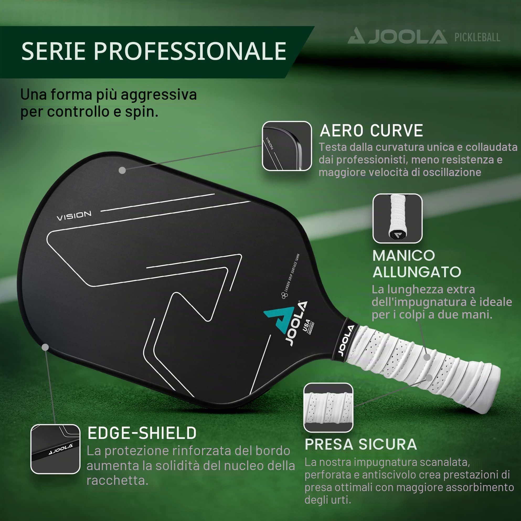 JOOLA Vision - Racchetta da pickleball con superficie testurizzata in carbonio per la massima rotazione e controllo con maggiore potenza, in polipropilene a nido d'ape, disponibile in 14 mm e 16 mm