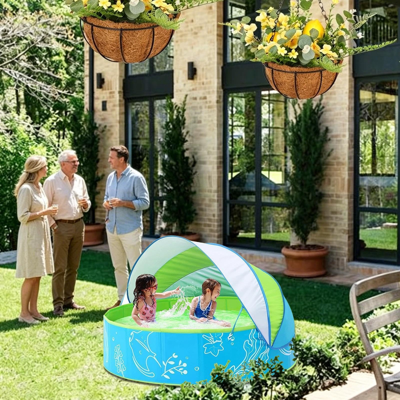 Faltbarer Pool Für Kinder Outdoor Sommer-Badewanne Mit Sonnendach | Kinderpool Für Urlaub, Outdoor, Garten, Hinterhof, , Terrasse, Camping und zu Hause