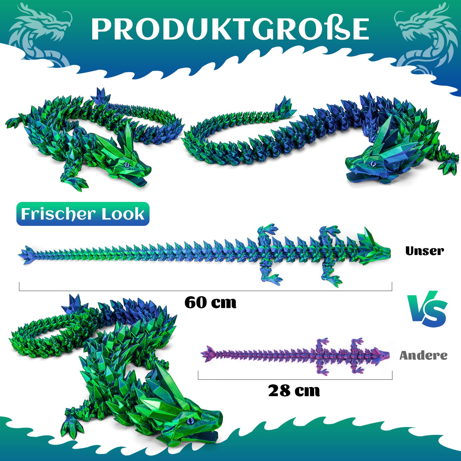 Merrwon Drago stampato 3D, giocattolo con drago da 60 cm con occhi, misteriosi personaggi realistici drago, giunture eque, decorazione pasquale, piccoli regali per bambini