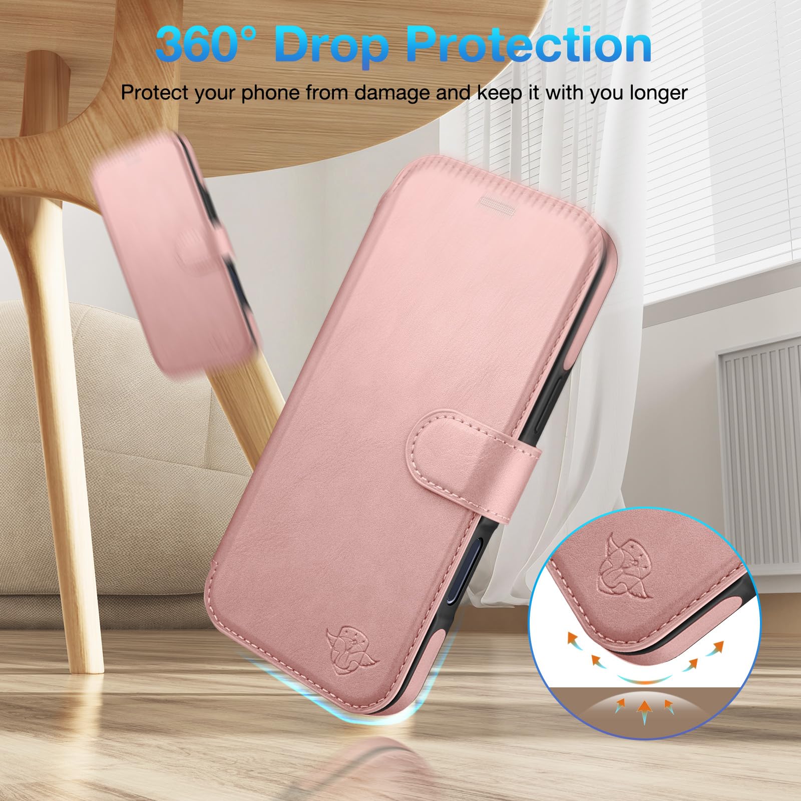 Custodia a portafoglio per iPhone 17 Pro Max 6,9 pollici [cavalletto invisibile integrato] [ricarica wireless] [3 slot per schede e blocco RFID] [pelle PU] custodia protettiva donna uomo per
