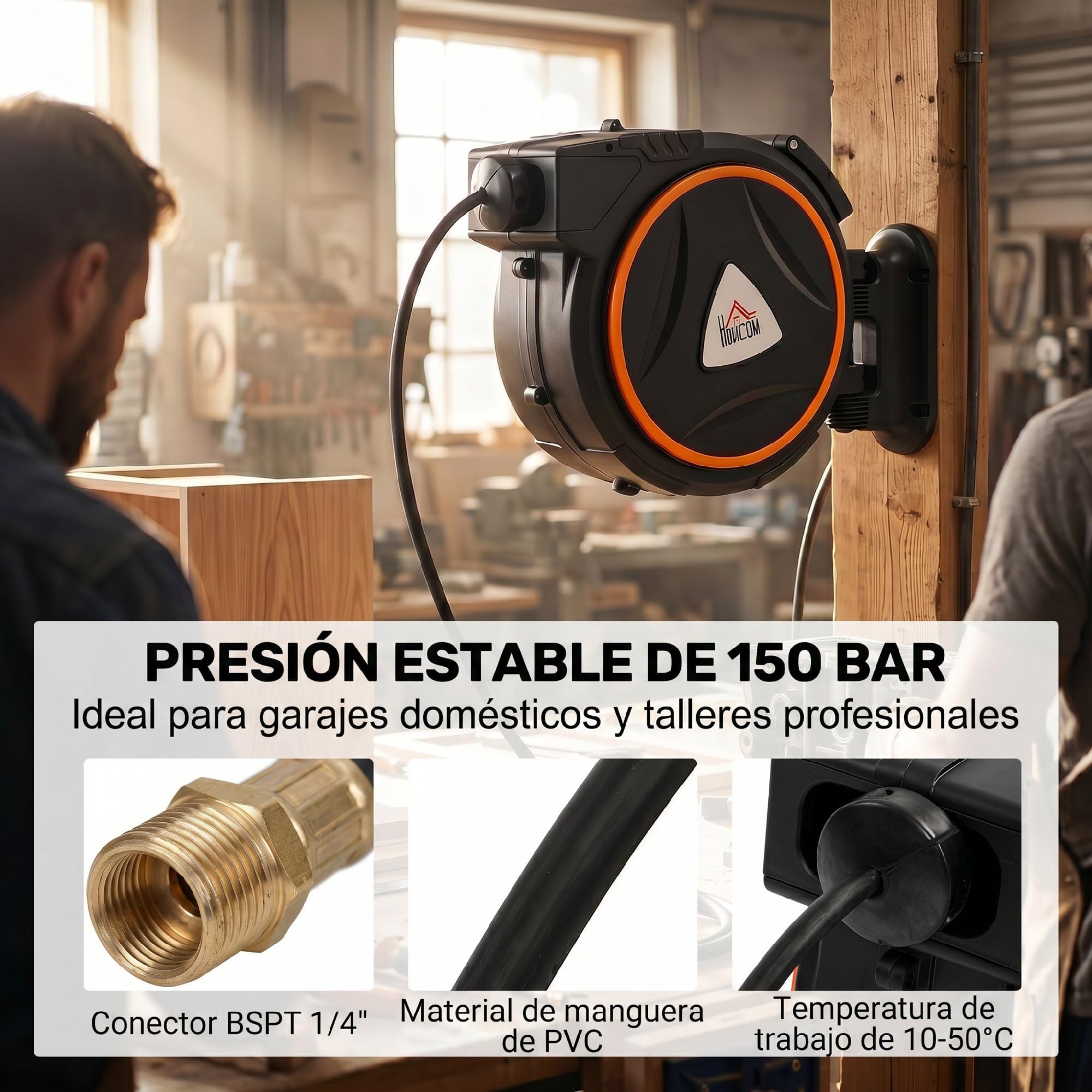 HOMCOM Carrete de Manguera de Aire Comprimido Automático de 20 m+2 m Negro | Conector de 1/4'' BSP, Manguera Compresor Aire, con Soporte para Pared Giratorio 180°