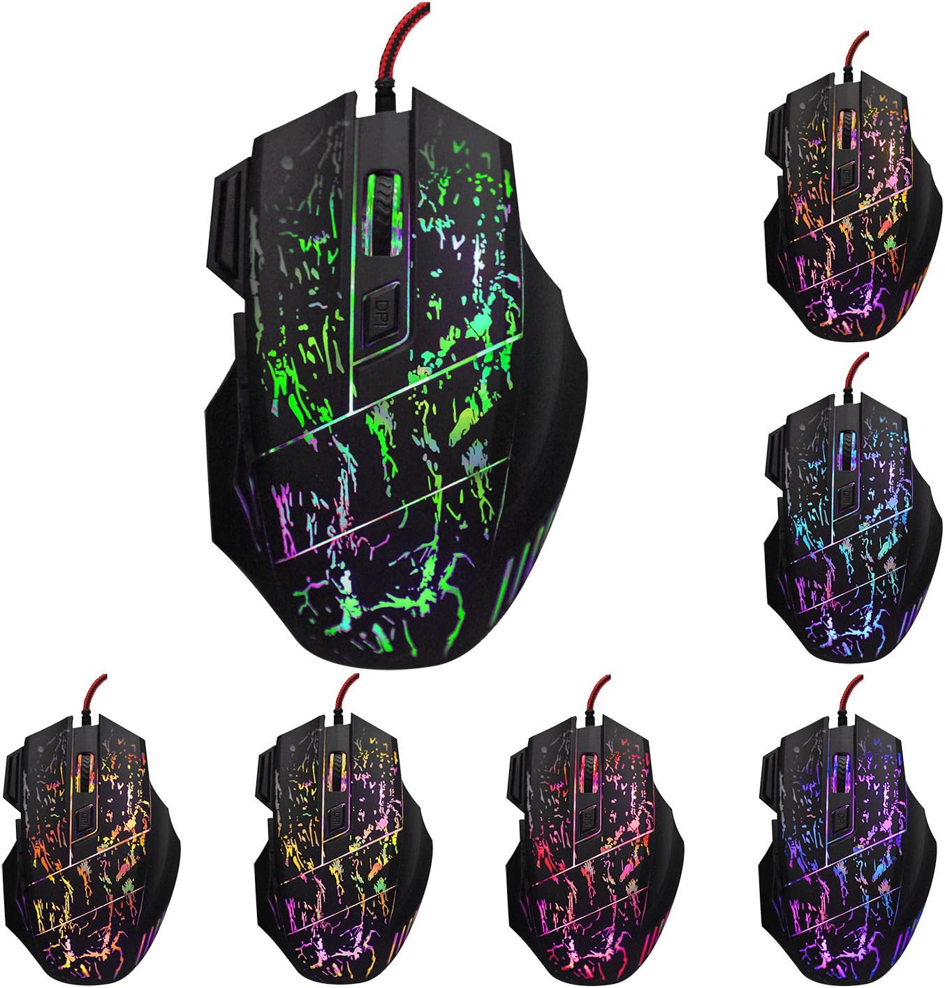 GASKY Professional Gaming Mouse, Ergonomic Wired Mouse, 6 Buttons and 7 Colors Breathing Light, 4 DPI Levels(1000/1600/2400/3200)