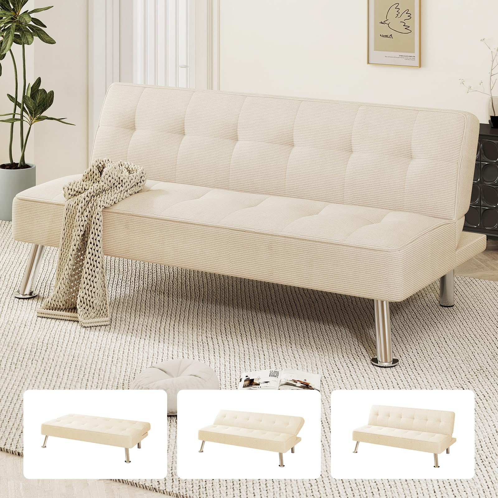 Furnimart Futon Sofa Bed 66 Corduroy Convertible Futon Couch with 3-Position Adjustable Backrest Solid Wood Frame Sleeper Sofa