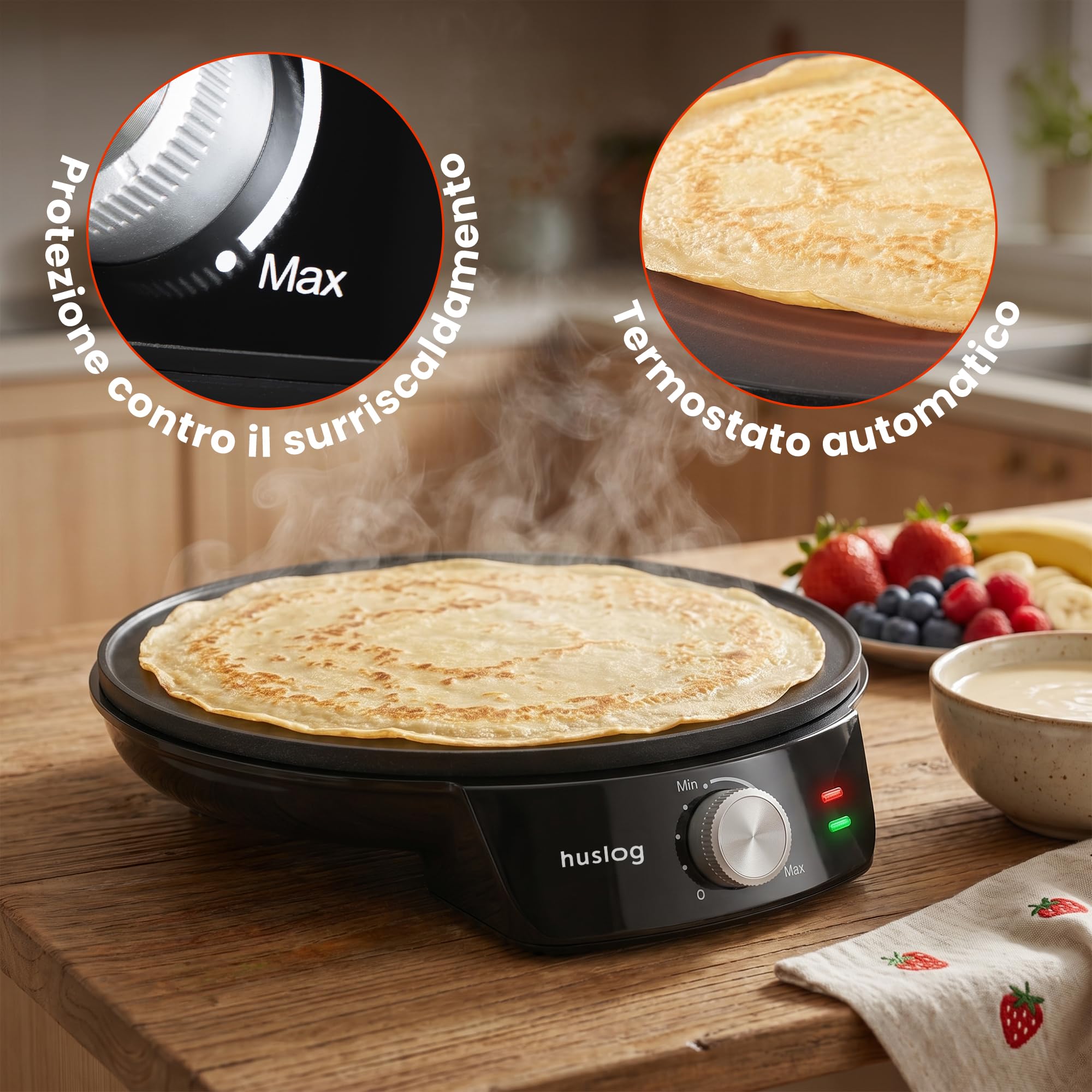 Crepiera Elettrica 1200W, Ø29 cm, Temperatura Regolabile, Piastra Antiaderente con Bordo Rialzato, con Spargitore e Spatola in Legno, per Crêpes, Pancake, Tortilla, Tacos, Nero