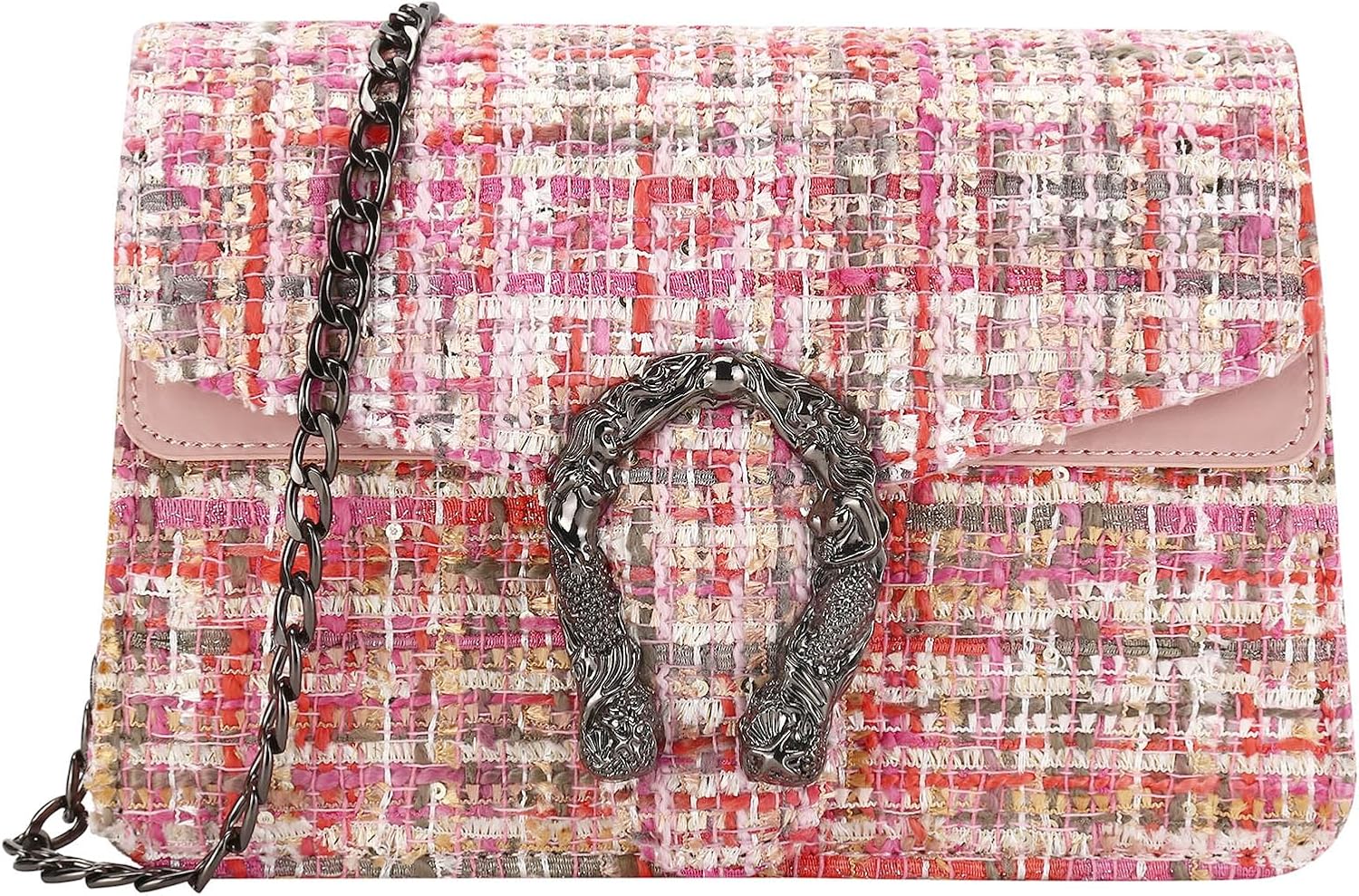 Women's Tweed Plaid Shoulder Bags, Large Capacity Chain Evening Square Bag Crossbody Ladies Woolen Handbag Clutch Tote