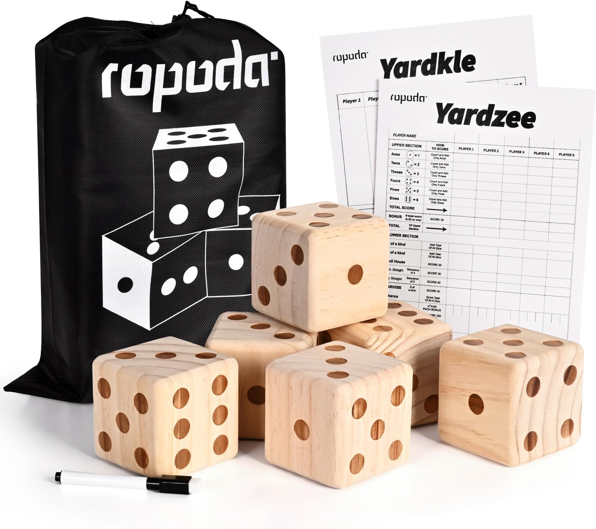 ropoda Giant Wooden Yard Dice,Outdoor Game Giant Dice Set Yard Game 3.5"-Includes 6 Dice, Scoreboard and Canvas Carrying Bag-Great Backyard and Lawn Game