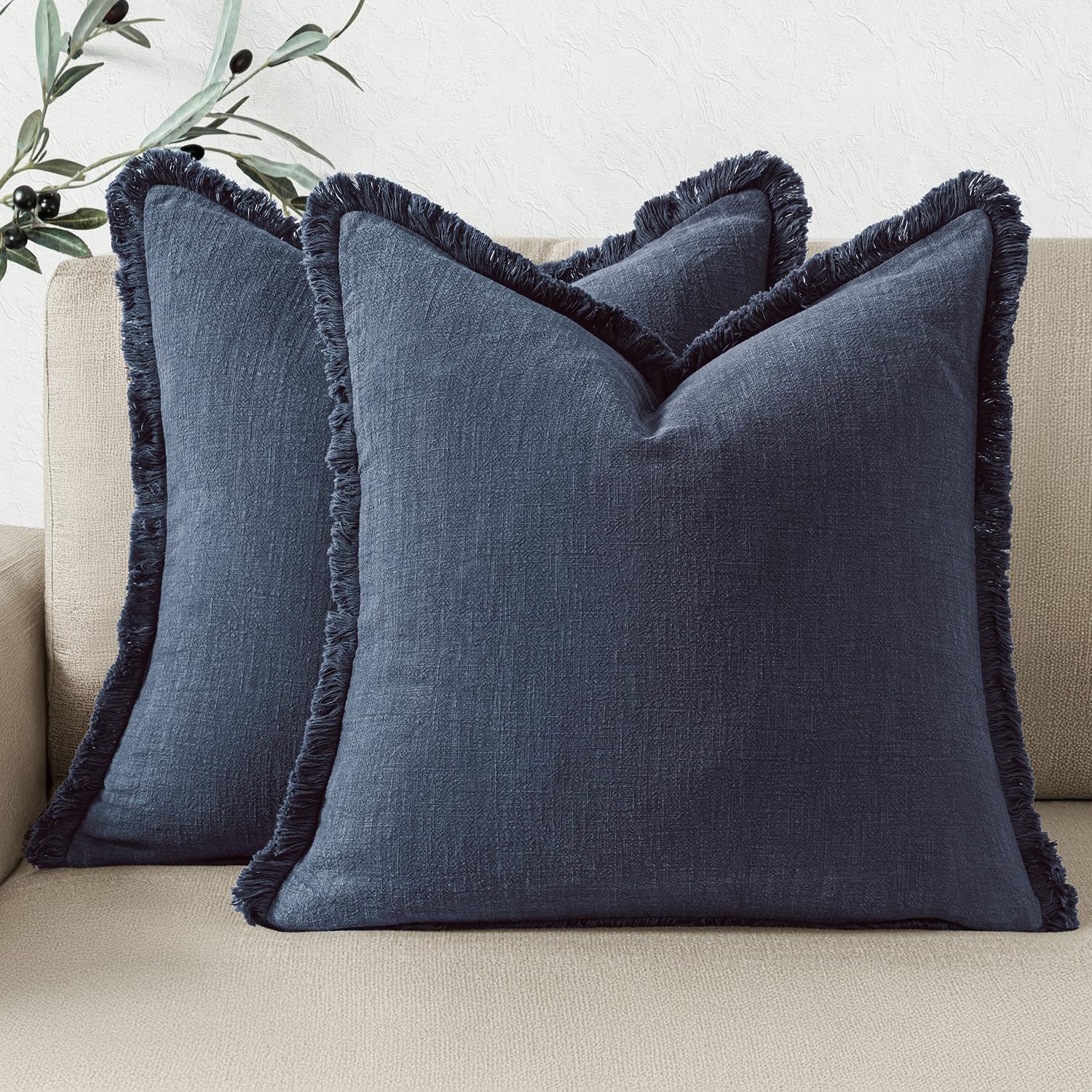 Woaboy Set of 2 Decorative Linen Fringe Throw Pillow Covers Boho Farmhouse Cushion Covers Accent Pillowcases with Tassels for Living Room Couch Sofa Bed Chair,18x18 Inch,Blue 18" x 18" (Pack of 2) Navy Blue
