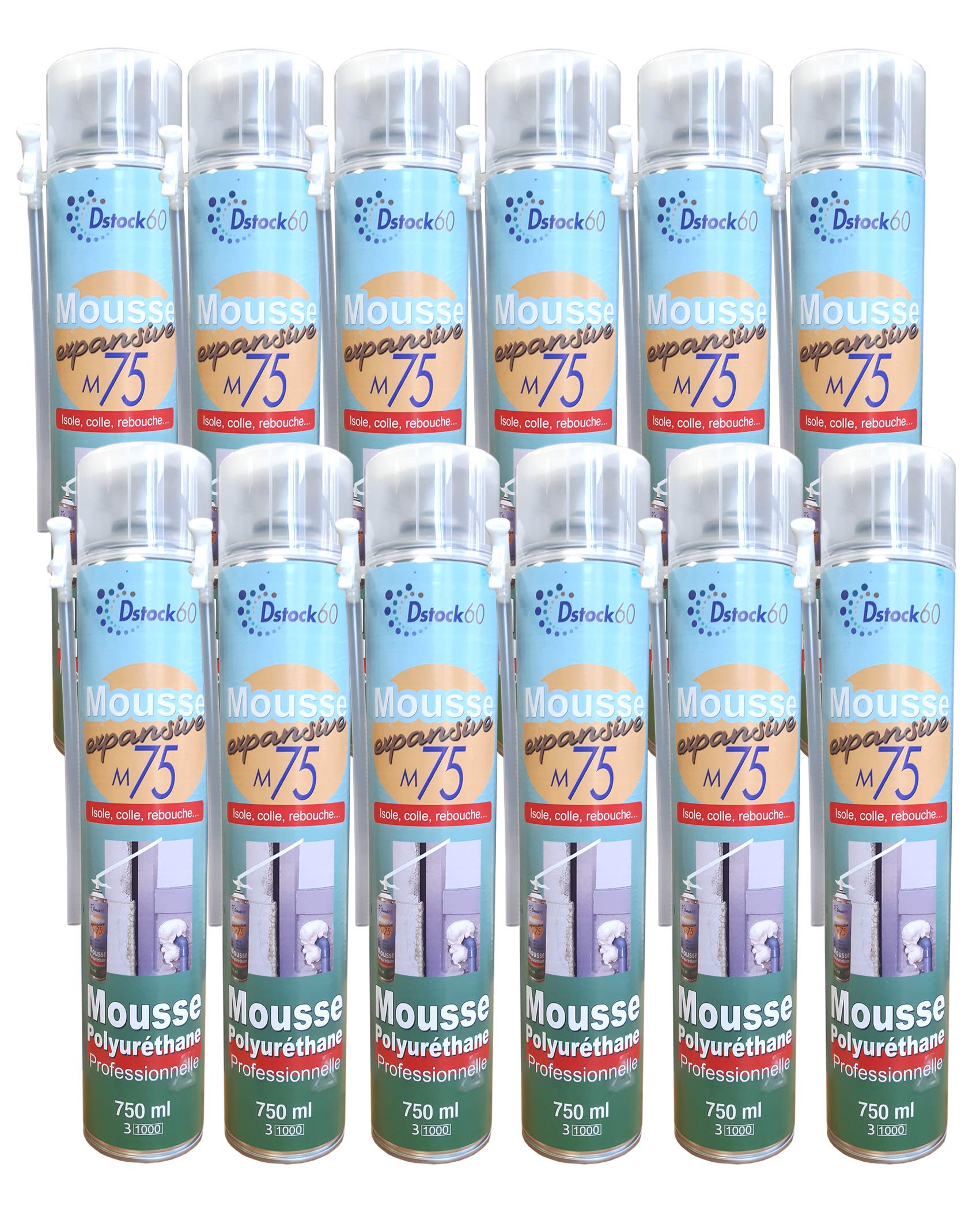 DSTOCK60 - LOT DE 12 MOUSSES EXPANSIVES MANUELLES 750ML - MOUSSE POLYURETHANE PROFESSIONNELLE - ISOLE, COLLE, REBOUCHE - EXTERIEUR ET INTERIEUR