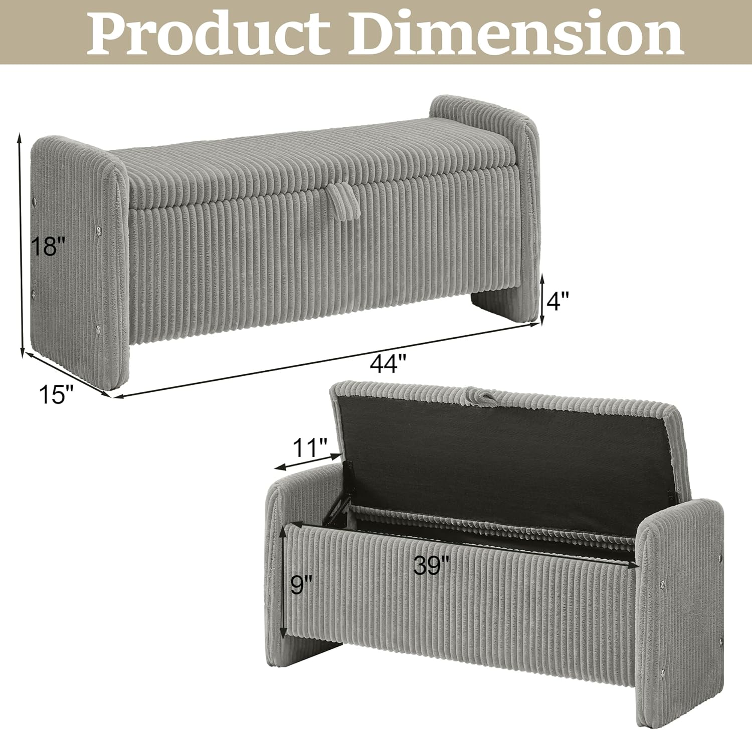 44'' Corduroy Storage Ottoman Bench, Upholstered End of Bed Storage Bench with Safety Hinge, Linear Bed Bench for Bedroom, Living Room, Entryway, Grey