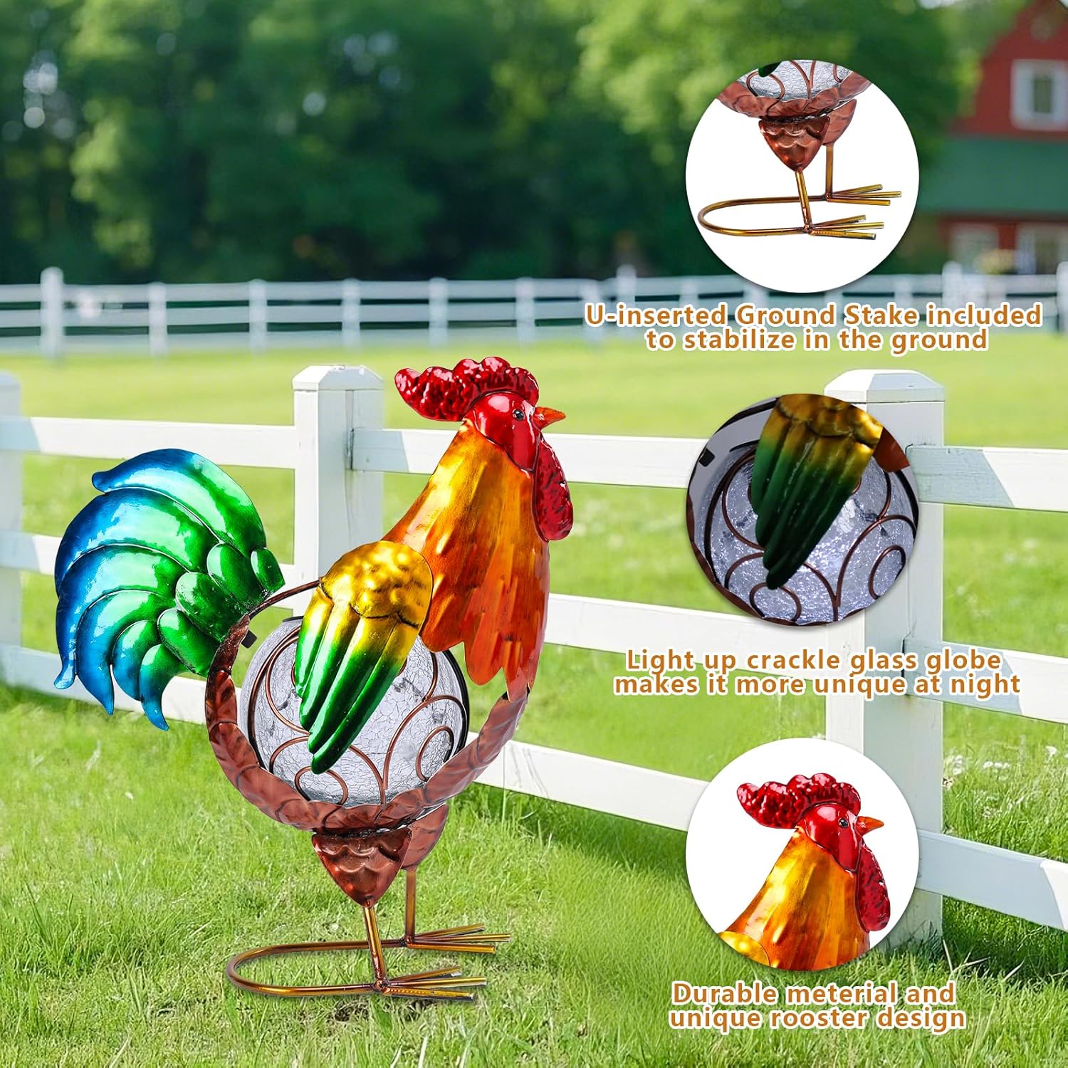 MUMTOP Rooster Solar Lights Outdoor Garden Decor, Rooster Solar Light Outdoor Waterproof with Crackle Glass Globe Gardening Statue Gifts and Metal Chicken Yard Art for Lawn Porch Patio Outside Garden