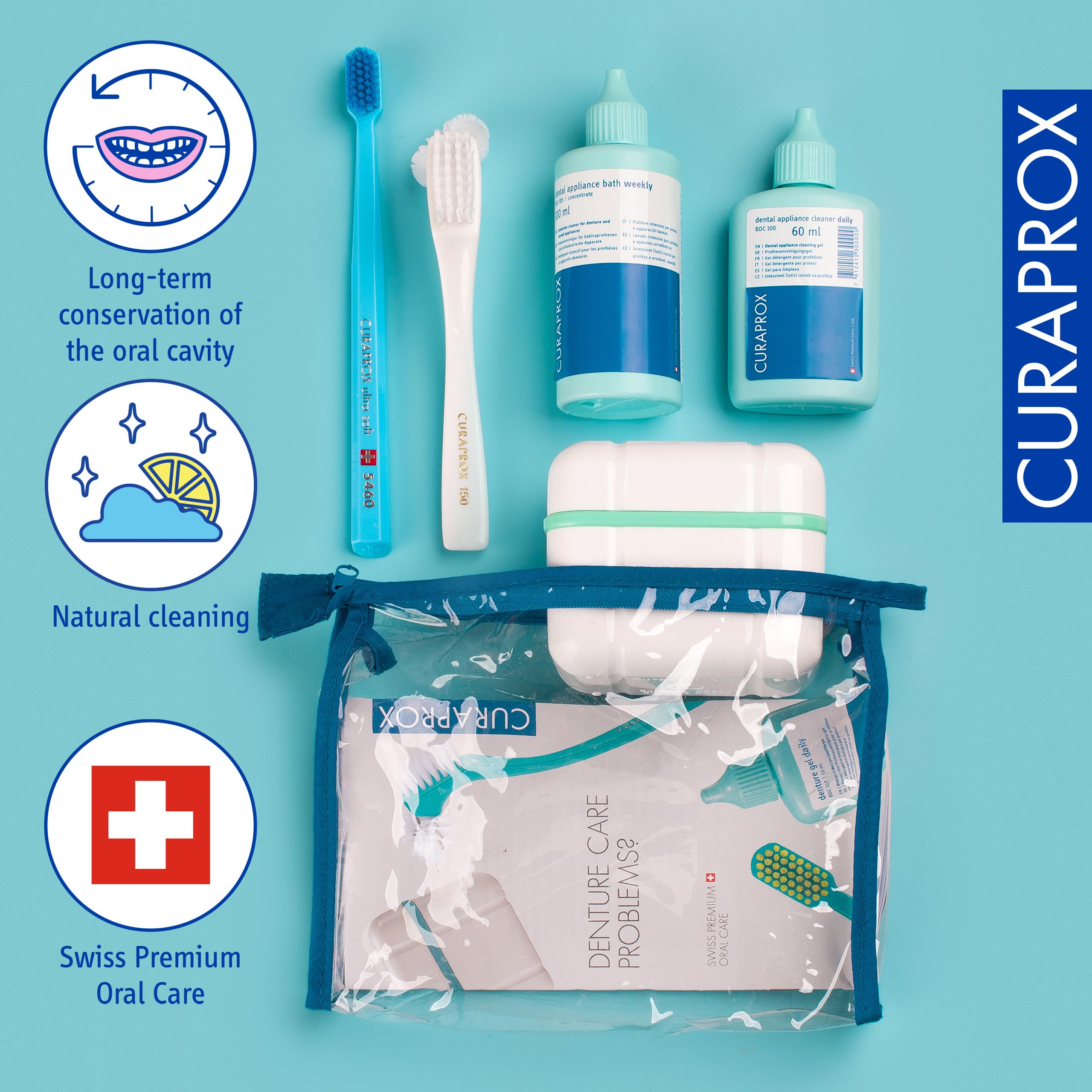 Curaprox BDC Juego de Limpieza Kit de Cuidado Completo para Dentaduras Postizas y Retenedores/Incluye Gel Diario, Concentrado Semanal, Cepillo y Caja de Limpieza/Hecho en Suiza