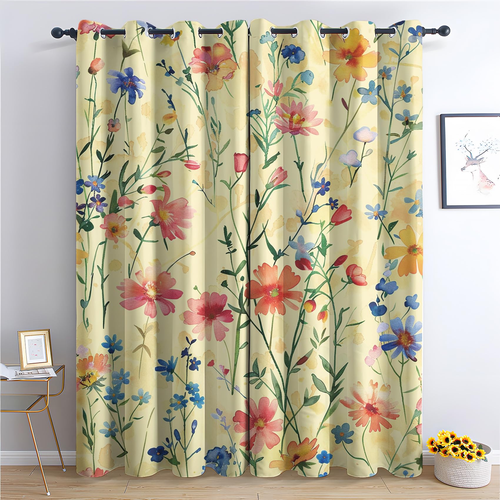 Rideaux Occultant Fleurs Sauvage, Rideau Isolant Thermique pour Salon Chambre, Rideaux Motif Floral Botanique, Lot de 2 Rideaux Opaque à Oeillets 140x240cm LxH