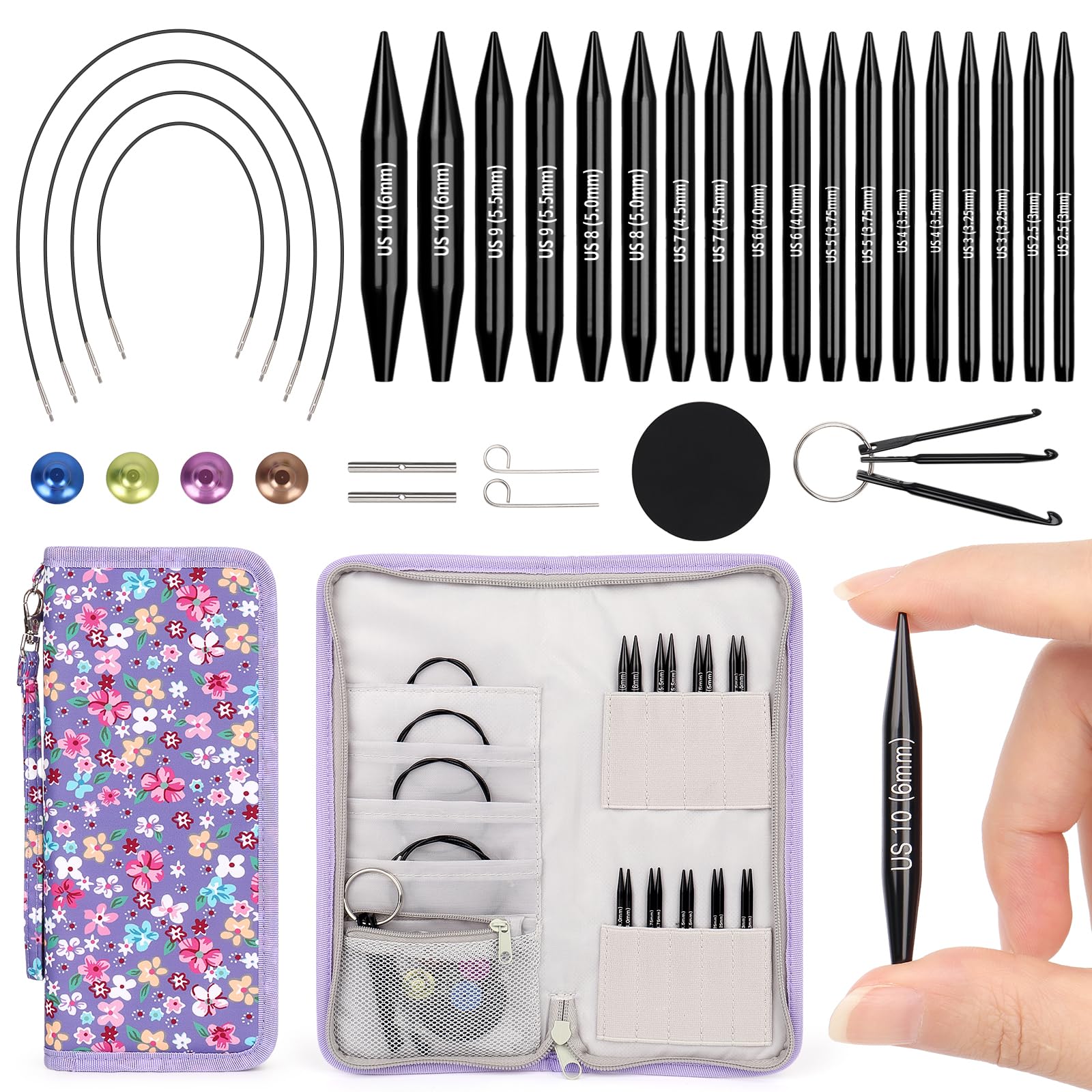 Coopay Auswechselbare Rundstricknadeln Set Kruze, 3,0-6,0 mm Stricknadeln Set, Stricknadeln Rundstricknadel mit Aufbewahrungstasche, 9 Paar Aluminium Austauschbare Rundstricknadeln, Purple
