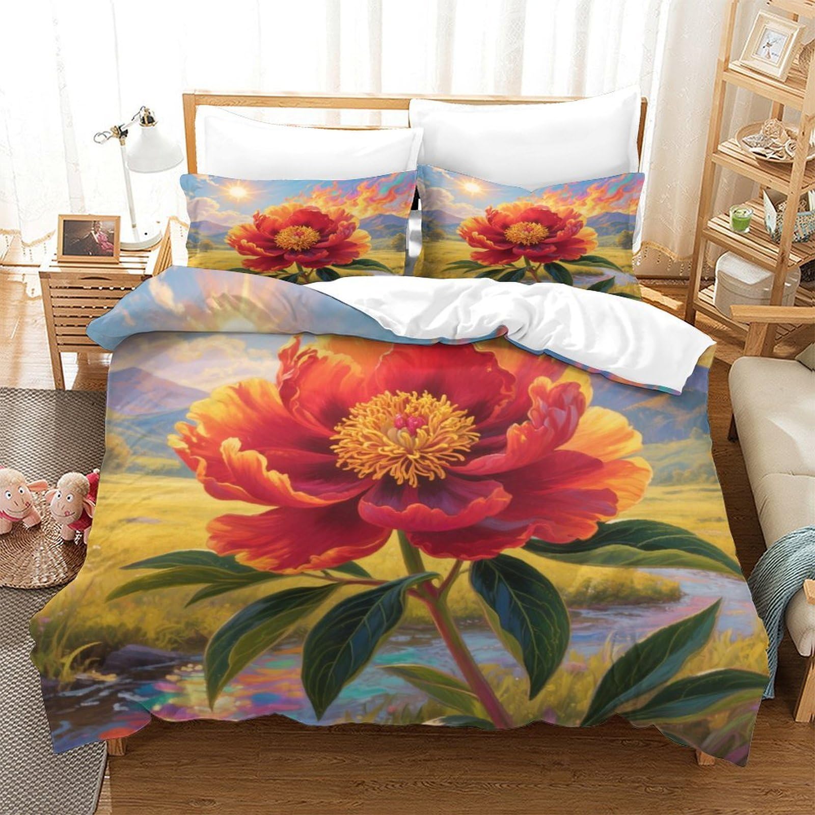 Housse de couette pivoine imprimée en 3D 140x200cm pour lit simple