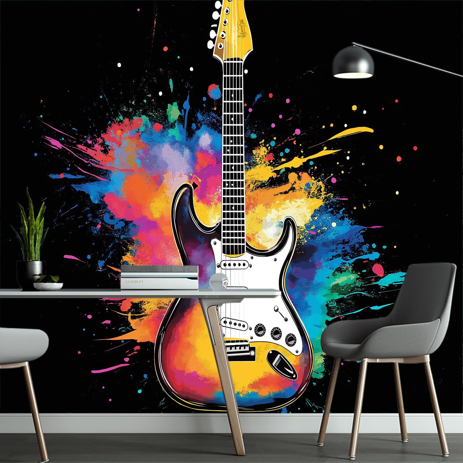 Papel pintado panorámico de arte musical pintado en pared, música instrumento rock guitarra no tejida pared, 350 x 256 cm (L x H) foto de pared para sala de estar, dormitorio infantil restaurante