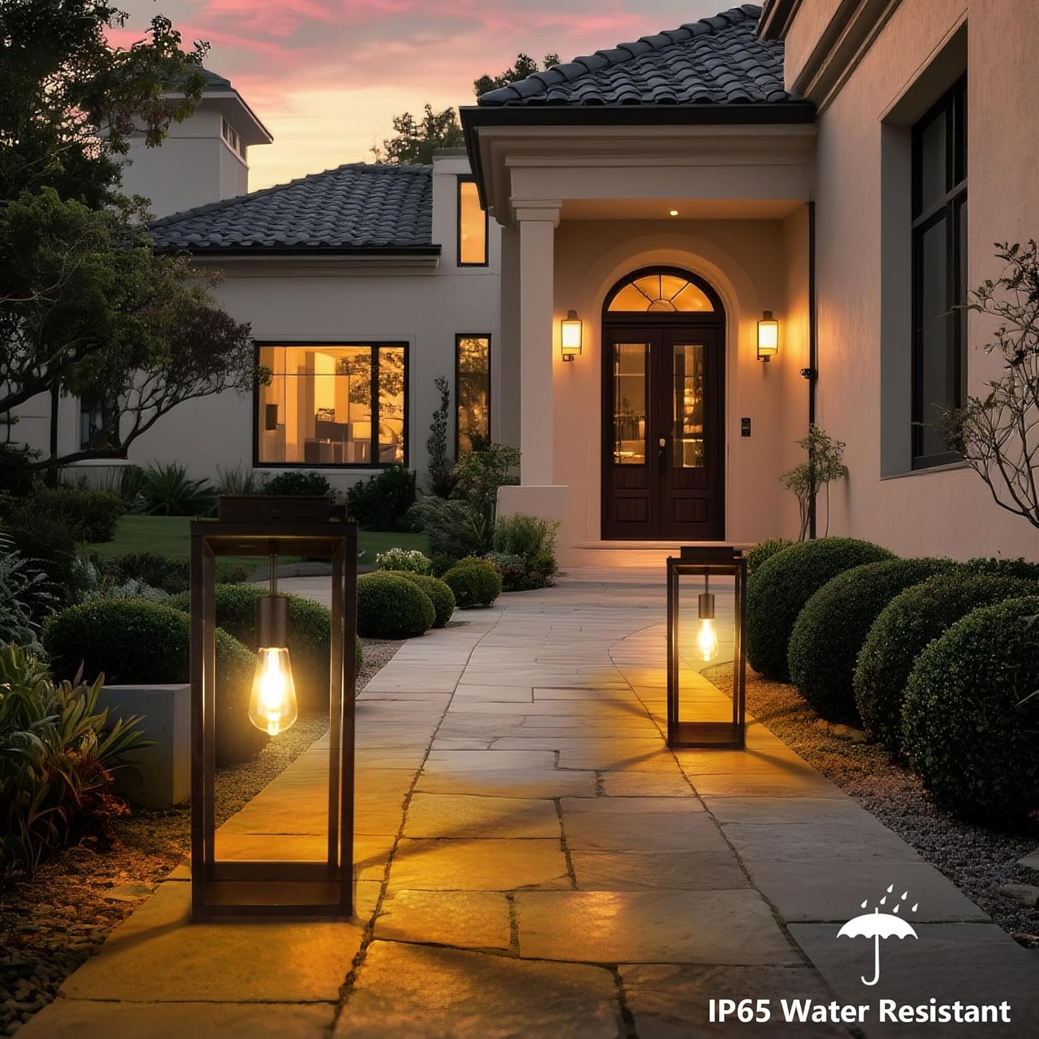 Outdoor Solar Floor Lamp, Waterproof Large Metal Solar Powered Lantern with Handle, 22" 19" Tall for Patio, Backyard, Pathway, Porch Decor (Large + Small)