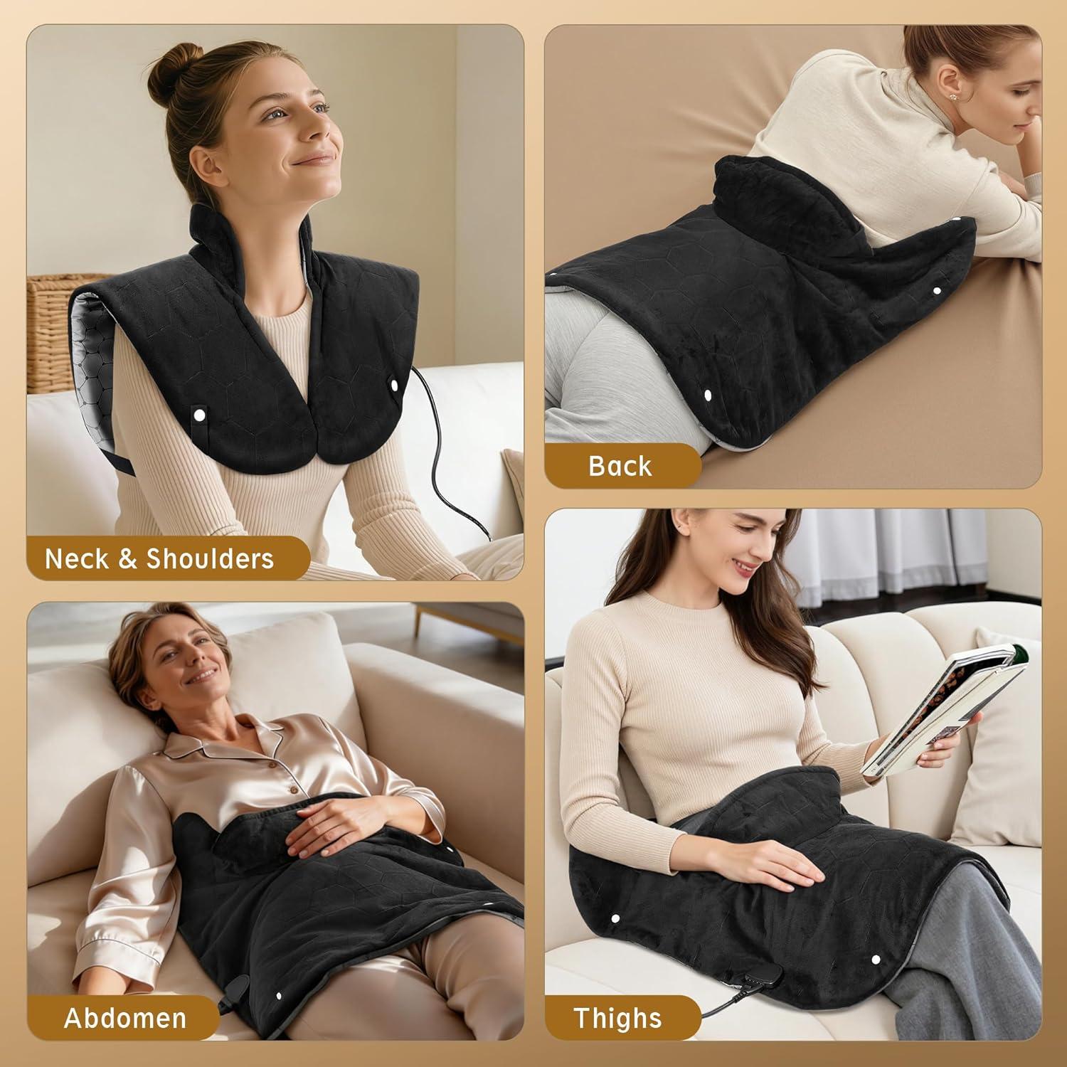 Heating Pad for Neck and Shoulders and Back, 30s Fast Heating Pads for Pain Relief,160℉ Ergonomic Heated Wrap with 8 Temp & 16 Auto-Off Timers, Gifts for Women Men (Dark Black)