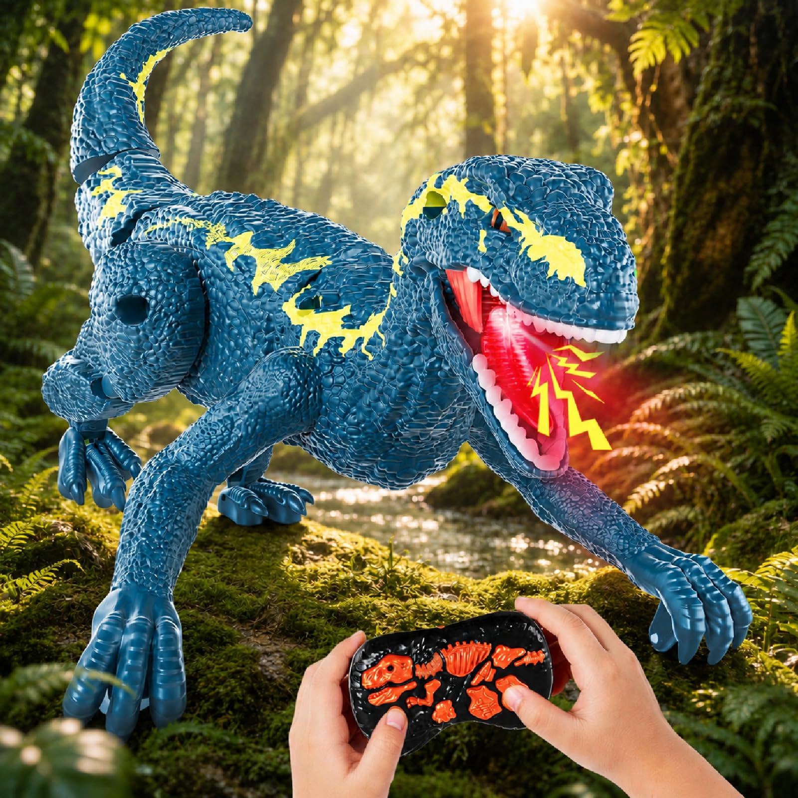 JeeMoien Remote Control Dinosaur Toys for Kids, Birthday Gift Ideas for Boys Girls Age 3-5 5-7 8-12, RC Dinosaur with Walking Roaring Sound LED Light Effect, Realistic Robot Dinosaur Toy, blue
