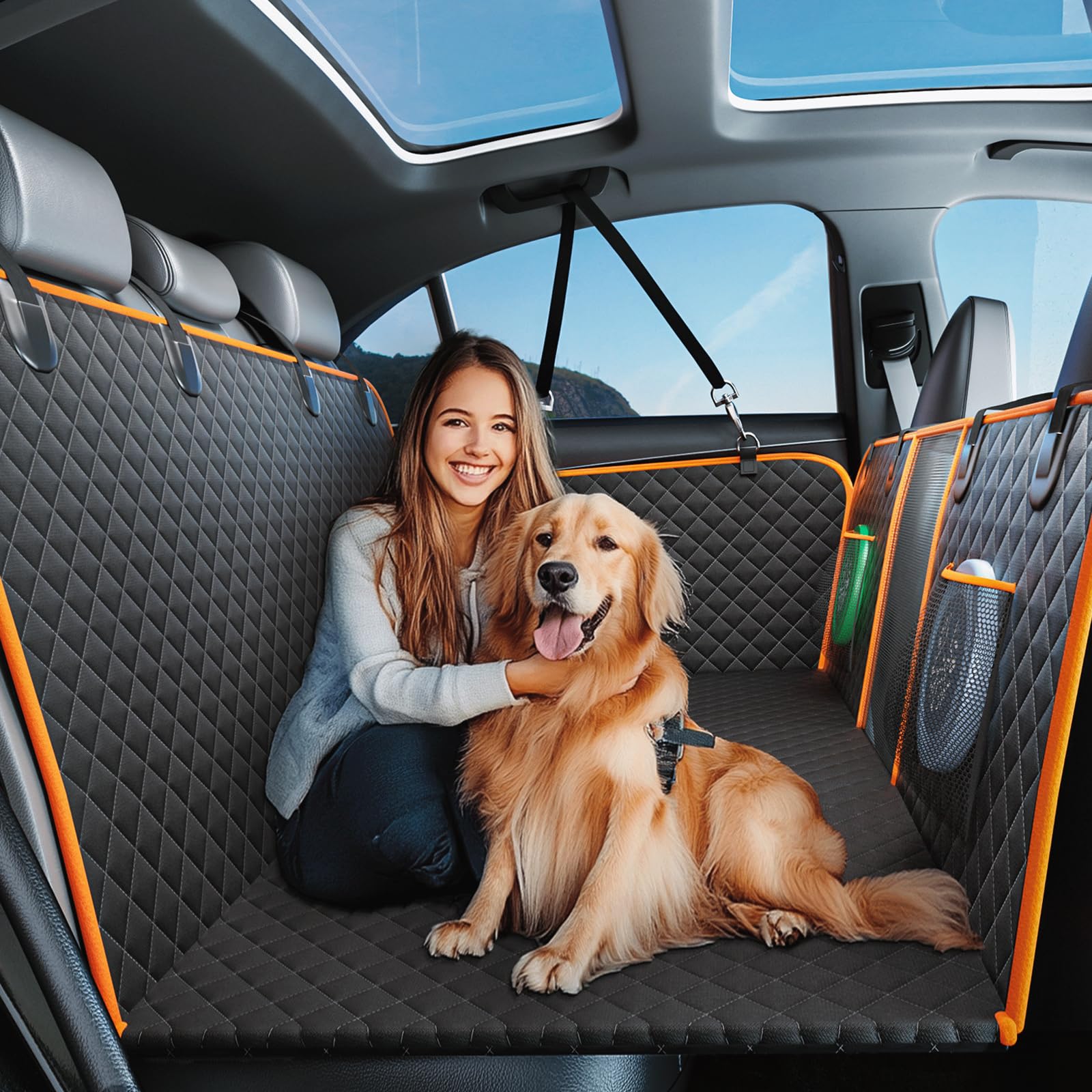Back Seat Extender,Dog Car Seat Cover for Back Seat Bed for Car Travel Bed with with Mesh Window and Storage Pocket,Supports 420LB Waterproof Dog Hammock for Car Dog Car Bed for Car,SUV,Truck