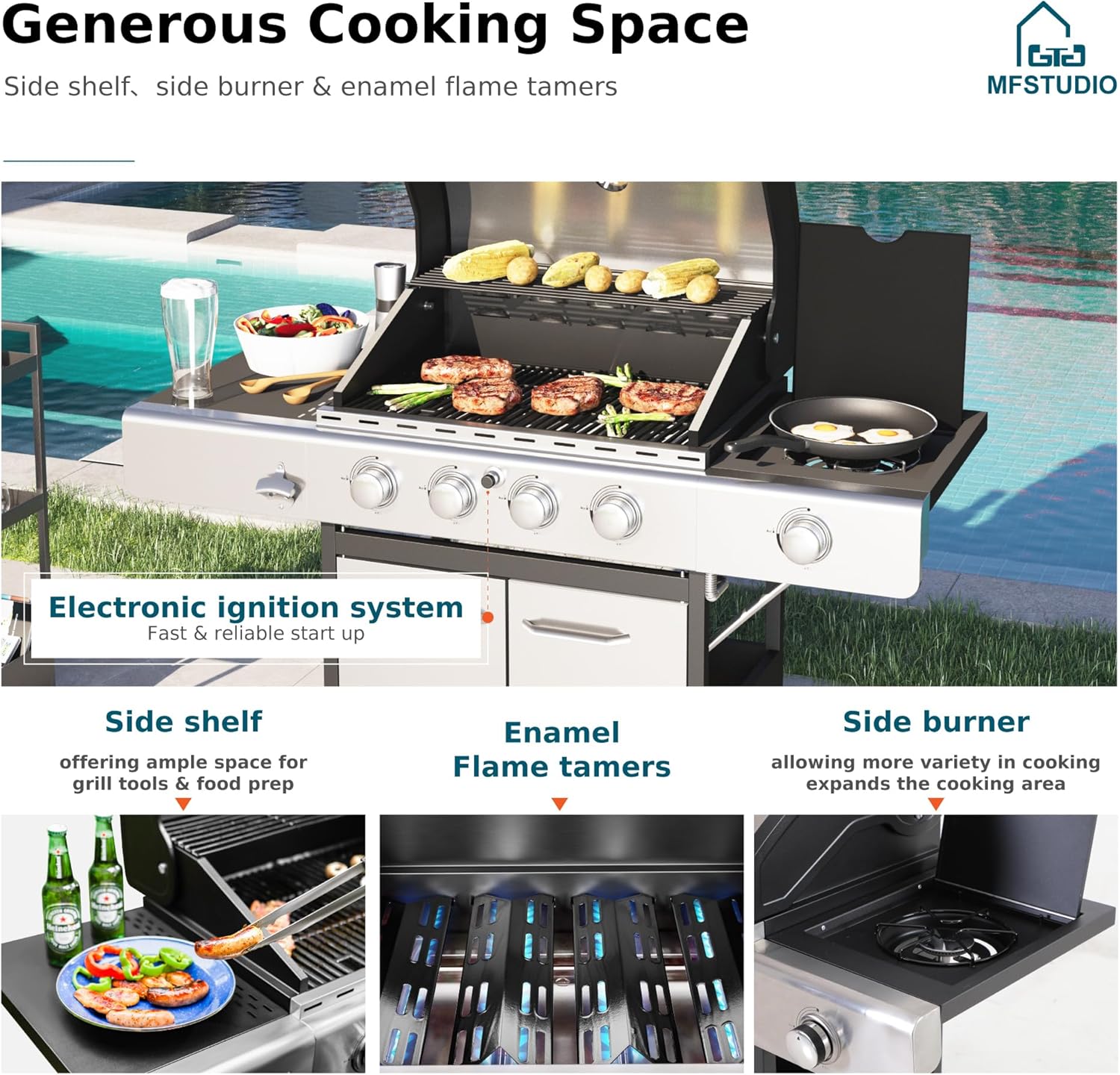 Stainless Steel 4-Burner Propane Gas Grill with Side Burner