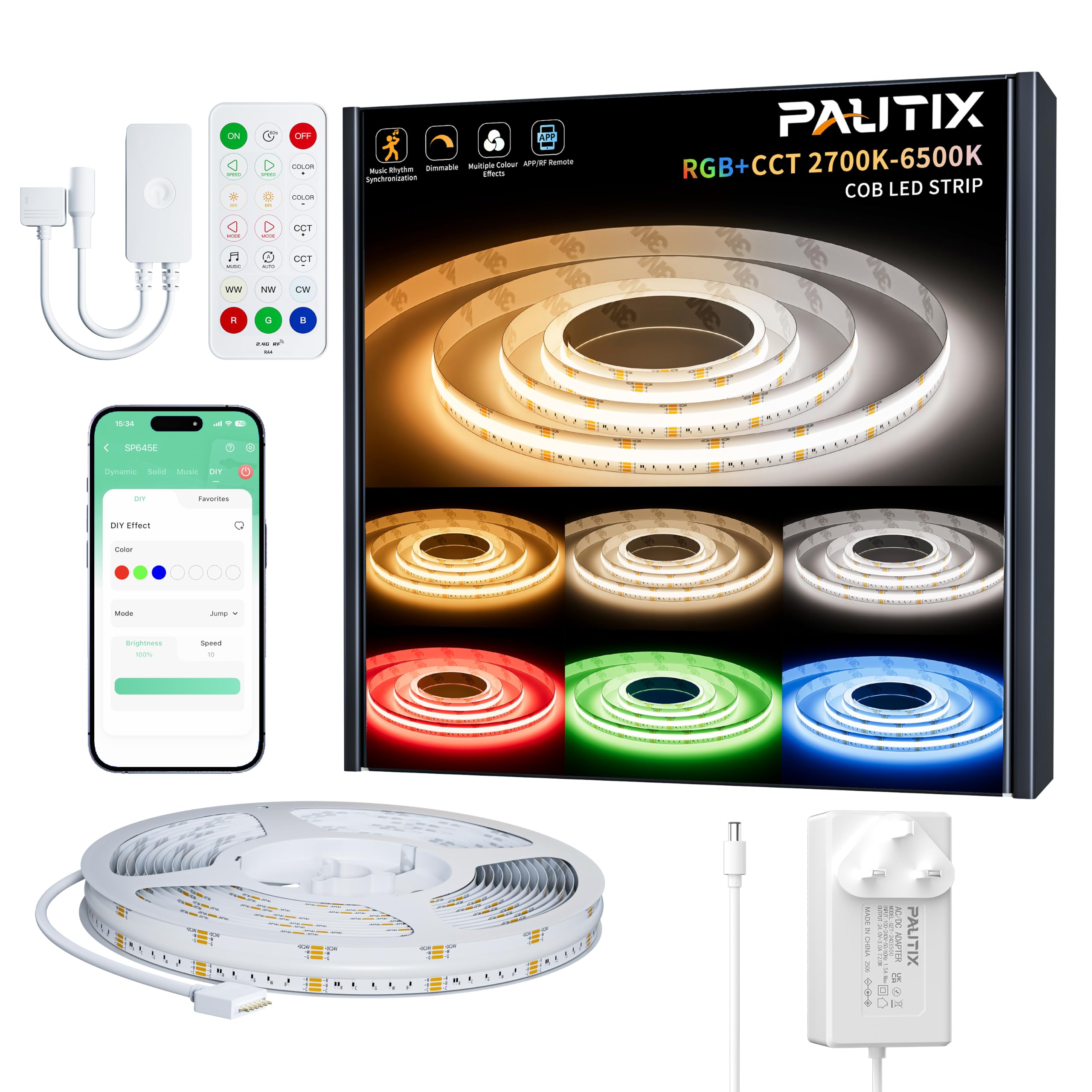 PAUTIX RGBCCT COB LED Strip Light 4M Kit Dimmable LED Strips RGBWW/CW Tunable White Colour Changing Strip Lights with APP/RF Remote Control, Music Sync for Wall Panel, Kitchen, Under Canbinet, Bedroom