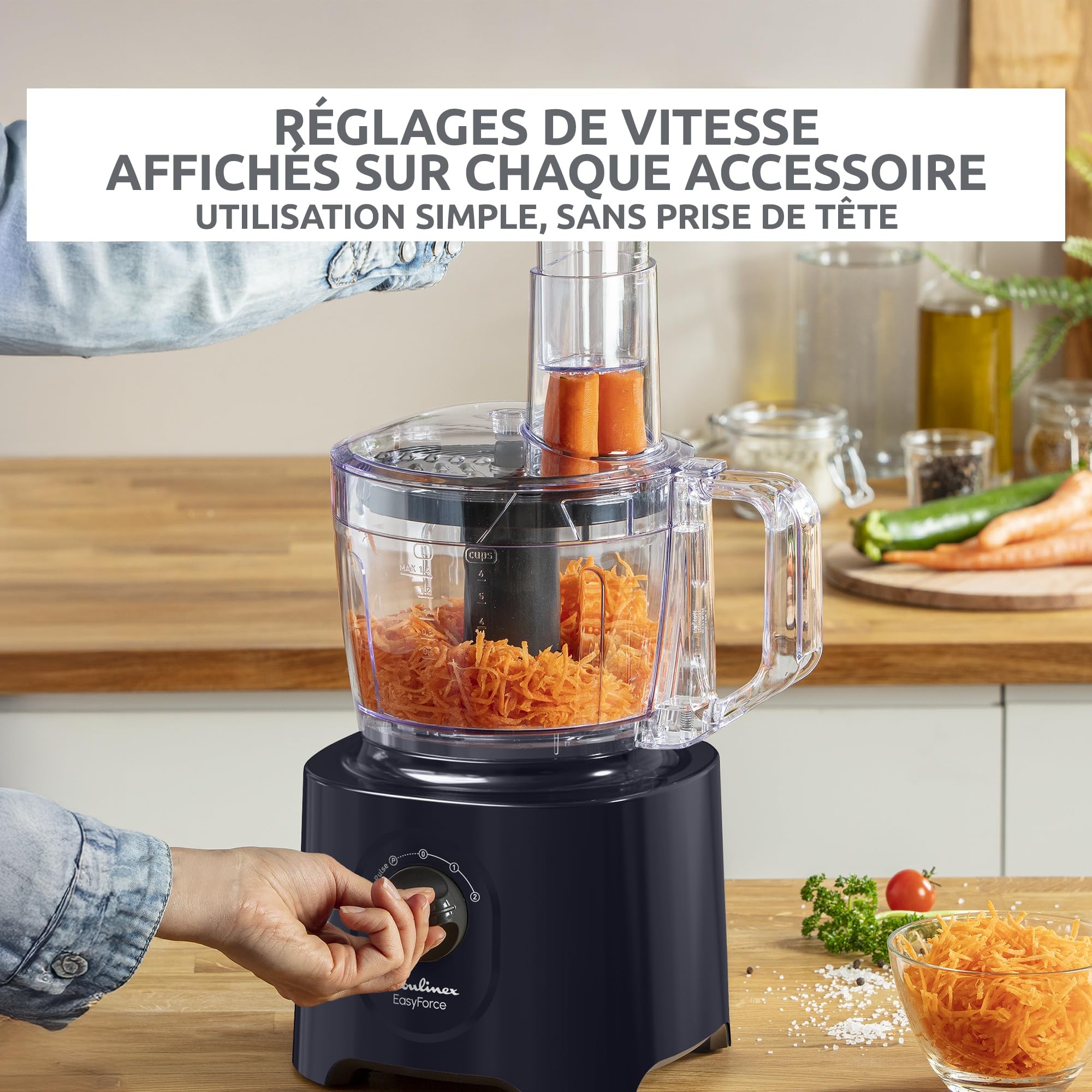 Moulinex Easy Force, Robot Cuisine Multifonction Compact 3L, 800W, 2 Vitesses + Pulse, 25 fonctions, 6 accessoires, Blender, Râpes, Bleu, FP247810