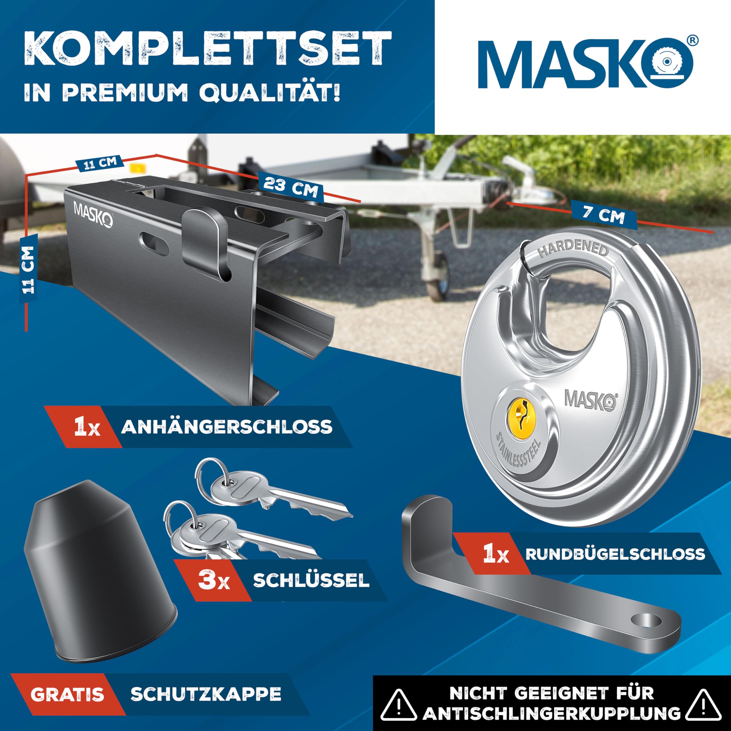 MASKO® Serratura per Rimorchio Con Sistema a Innesto - Agganciato e Sganciato, Protezione Antifurto, incl. Serratura a Disco, Chiave e Cappuccio di Protezione, Antracite