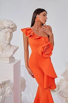 Amazon.com: CPUTAN Women's Orange One Shoulder Big Flower Ruffles