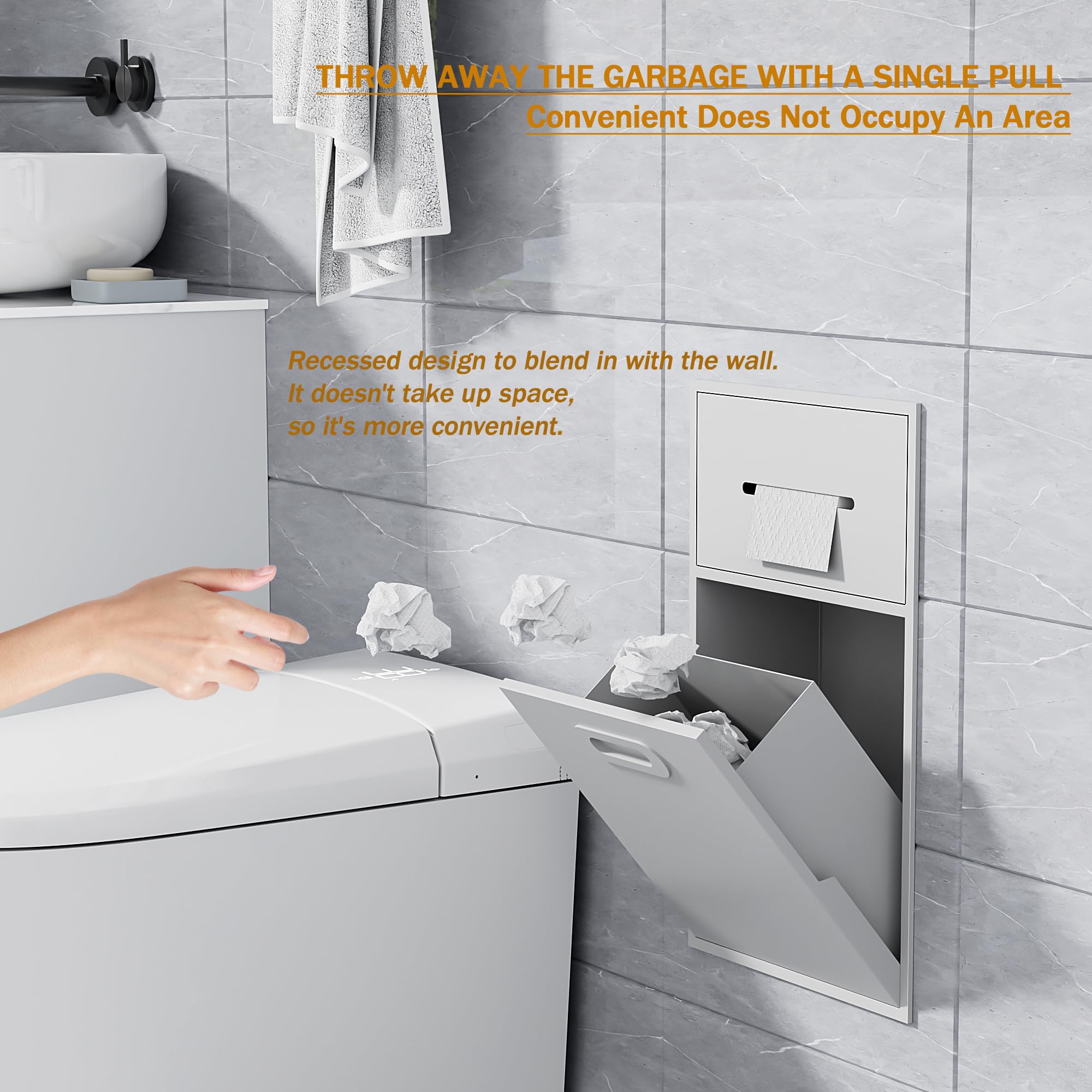 SUPERFLO 4.6 Gallon Bathroom Trash Can Tilt Out Trash Bin Cabinet, Hidden Trash Can Cabinet Recessed Wall Mounted Stainless Steel with Toilet Paper Holder for Bathroom/Bedroom/Office Renovation,White