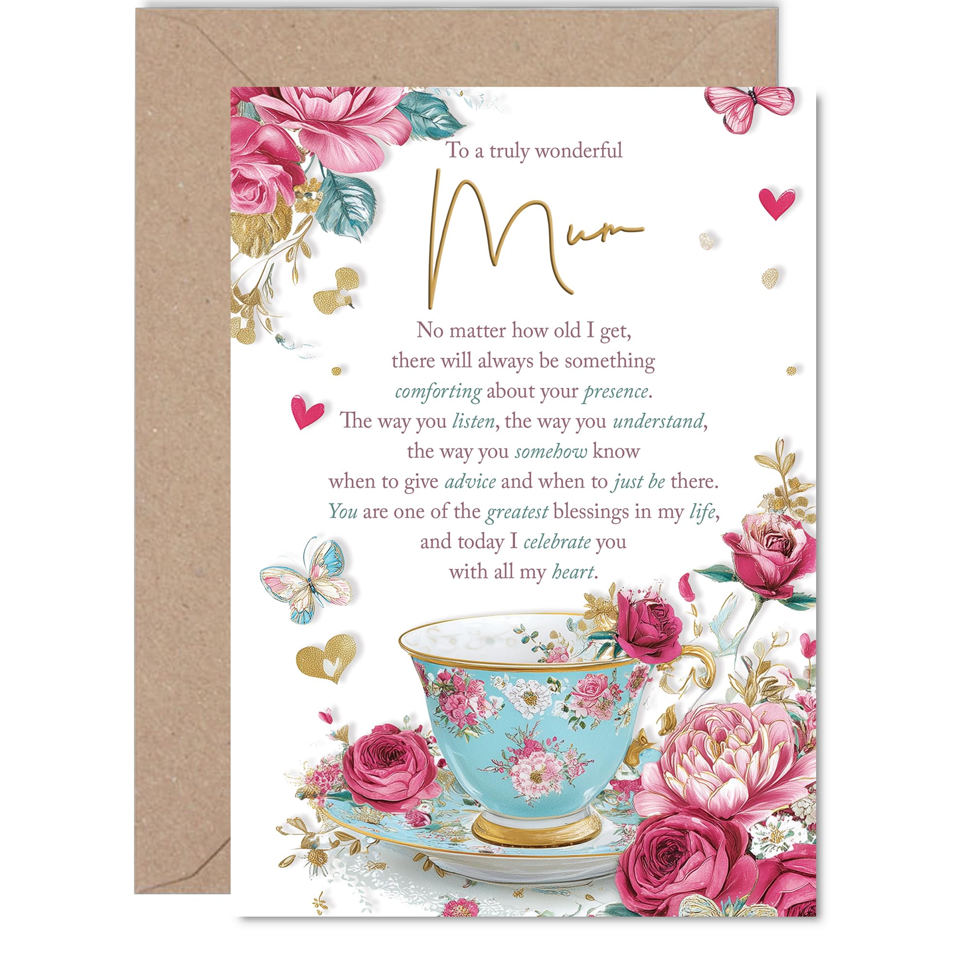 Mum Birthday Card - Sweet Verses - Happy Birthday Card for Mum from Son Daughter, 5x7 Inch Elegant Floral Teacup Mother's Day Greeting Cards