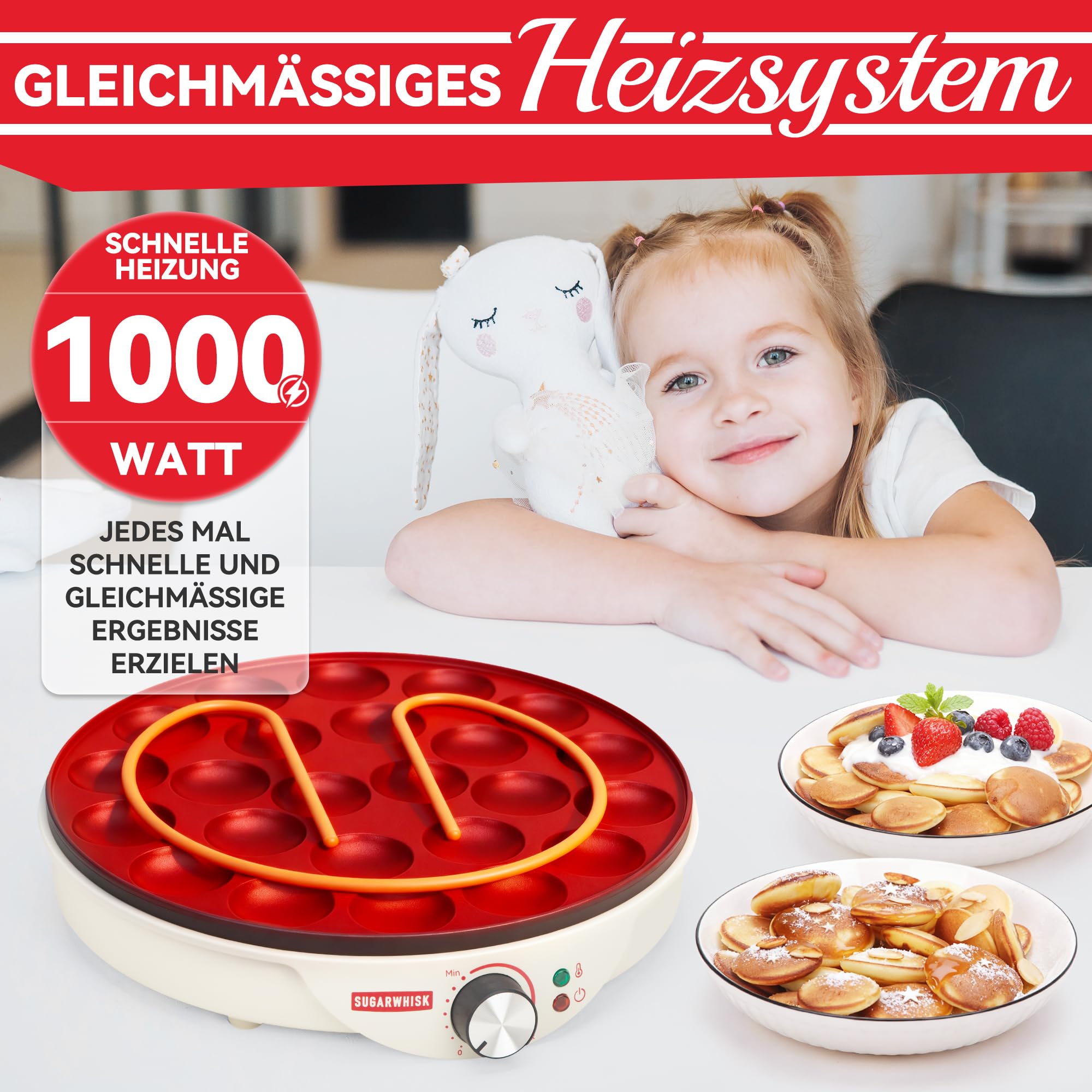 SugarWhisk 24-Fach Mini-Pfannkuchen-Maschine, Elektrische Aebleskiver- und Poffertjes-Herstellungspfanne, Dänische Pfannkuchen-Maschine, Cake-Pop-Hersteller, Holländische Pfannkuchen-Maschine, weiß