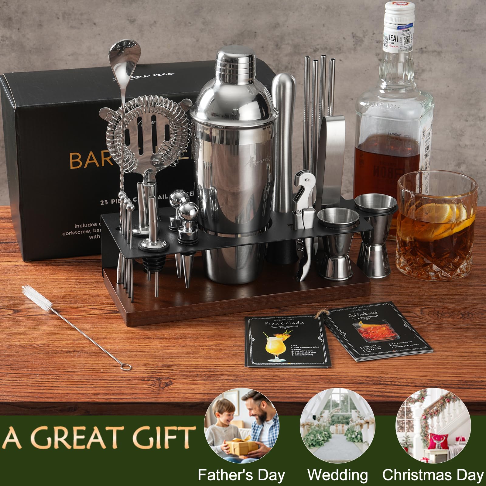 SHAKER RICETTA COCKTAIL vetro miscelatore con supporto barra scala per
