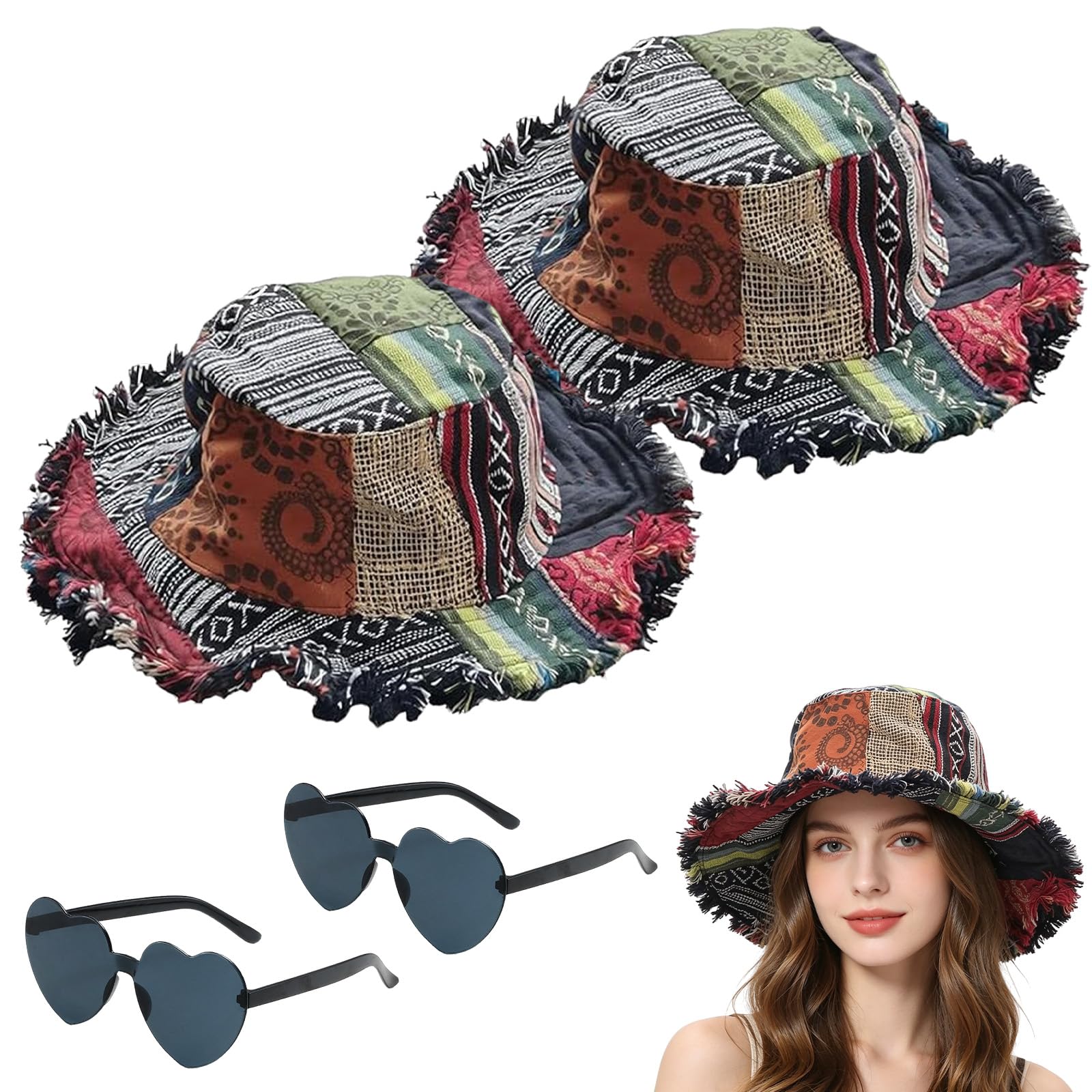 Knubbuf Women's 2Pcs Frayed Patchwork Bucket Hat - Shapeable Brim Hemp Hat For Men ,Boho Festival Sun Hats (2Pcs)
