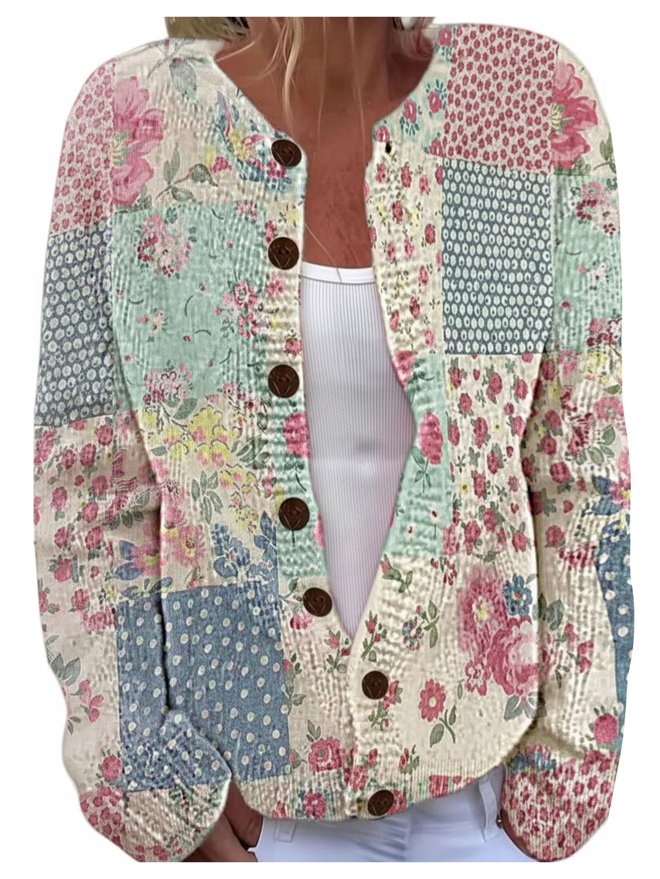 SOLY HUX Womens Floral Print Cardigan Sweater Button Down Open Front Long Sleeve Lightweight Knit Coat