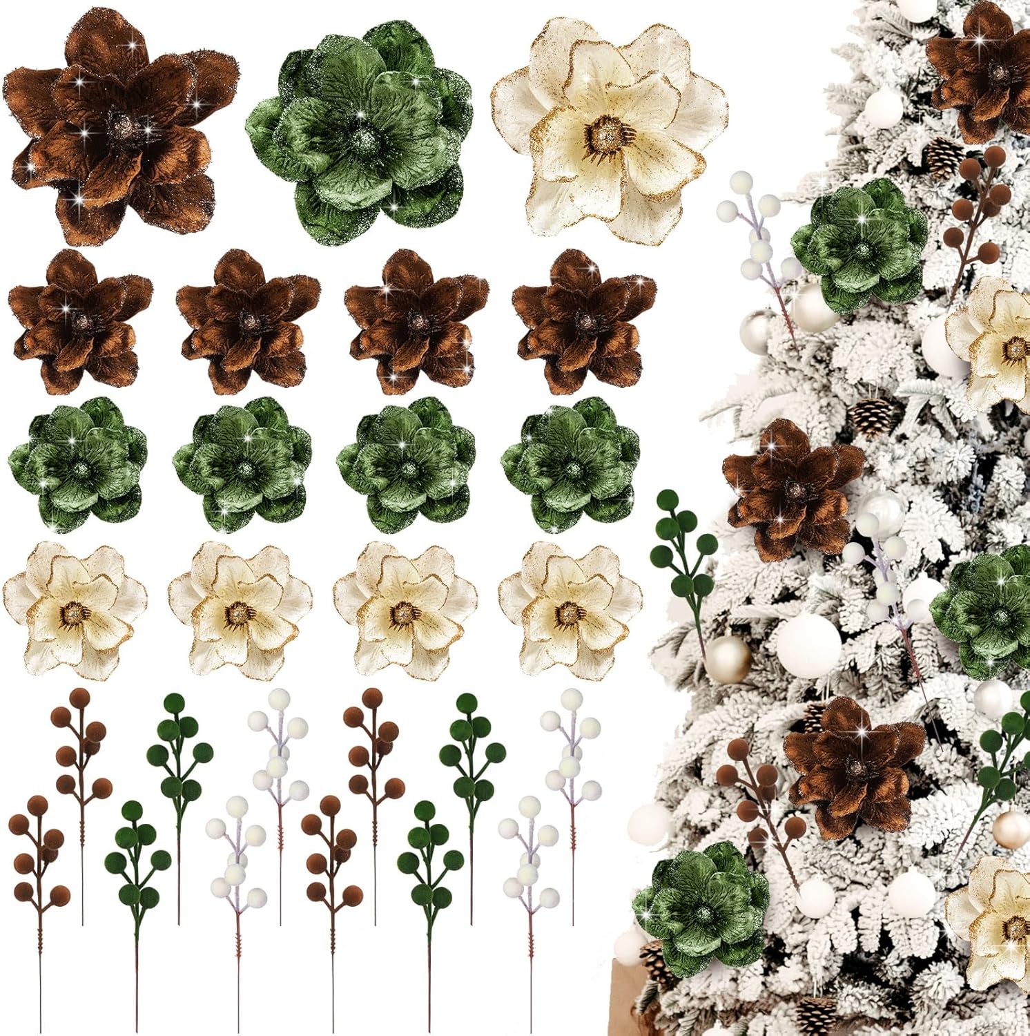 24 Pcs Velvet Christmas Ornaments 12 5.5'' Velvet Magnolia Flower for Christmas Tree 12 6.3'' Spheres Ball Pick Stem Artificial Magnolia Flower for Xmas Tree Decor(Beige, Brown, Green)