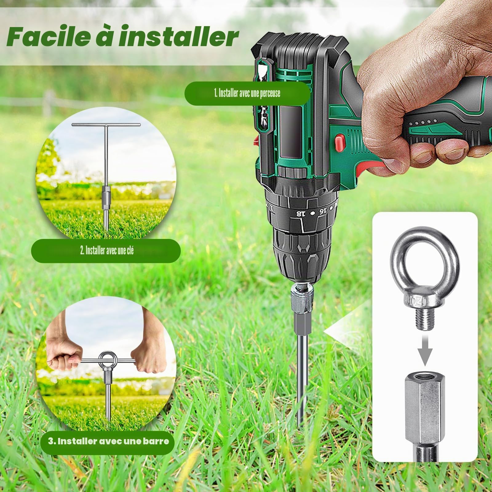 Dolibest Ancrages de Sol, 46cm Piquets de Sol, Piquets Acier Robuste Piquets, Ancrages au Sol Très Résistants, Sardines d'ancrage pour Trampoline,Terrier, Tentes, Balançoires avec Oillet Fixe, 2pcs