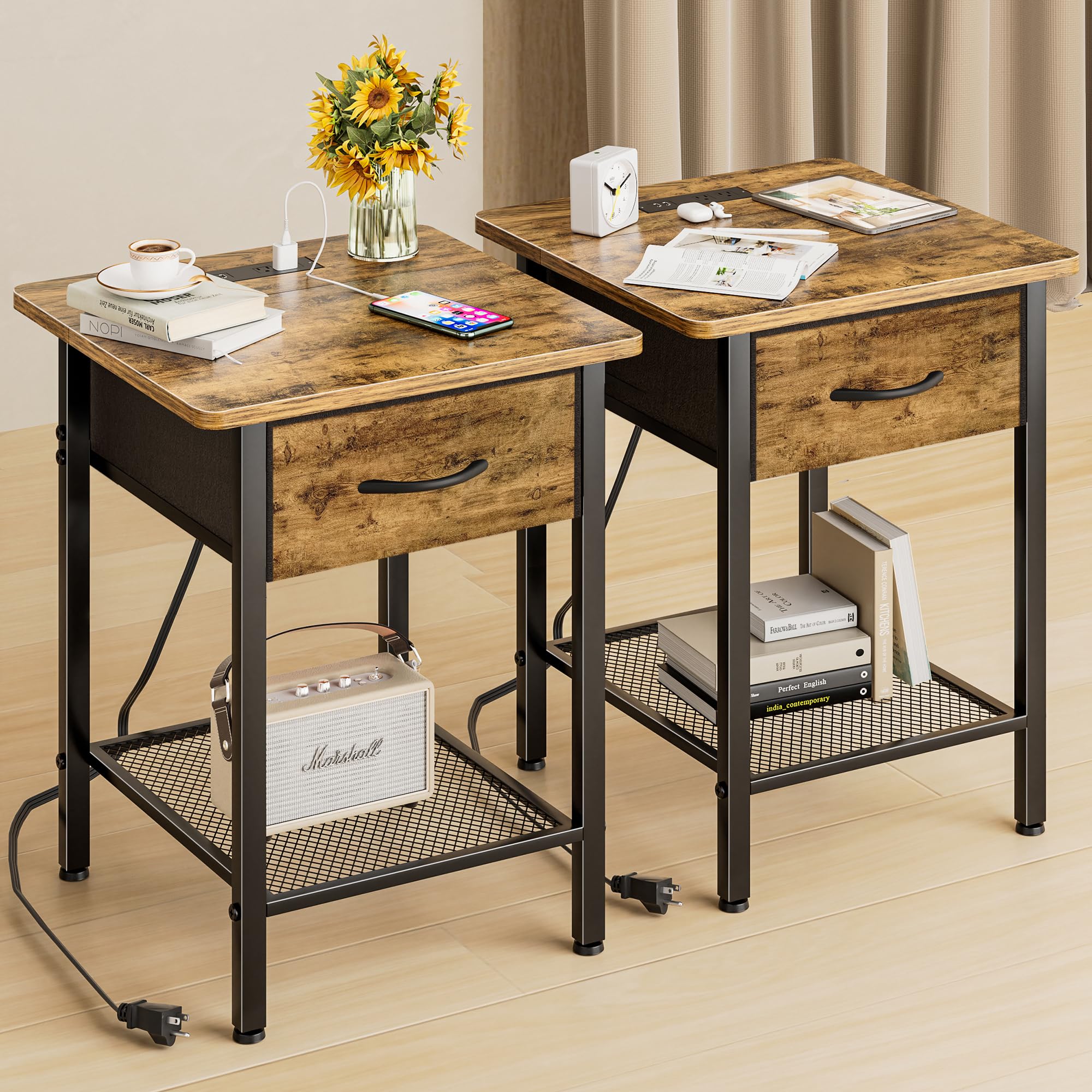 GYIIYUO Nightstands Set of 2 with Charging Station and Fabric Storage Drawer, Side Table with Storage for Bedroom, Bedside Tables with Steel Frame - 23.6" H Rustic Brown