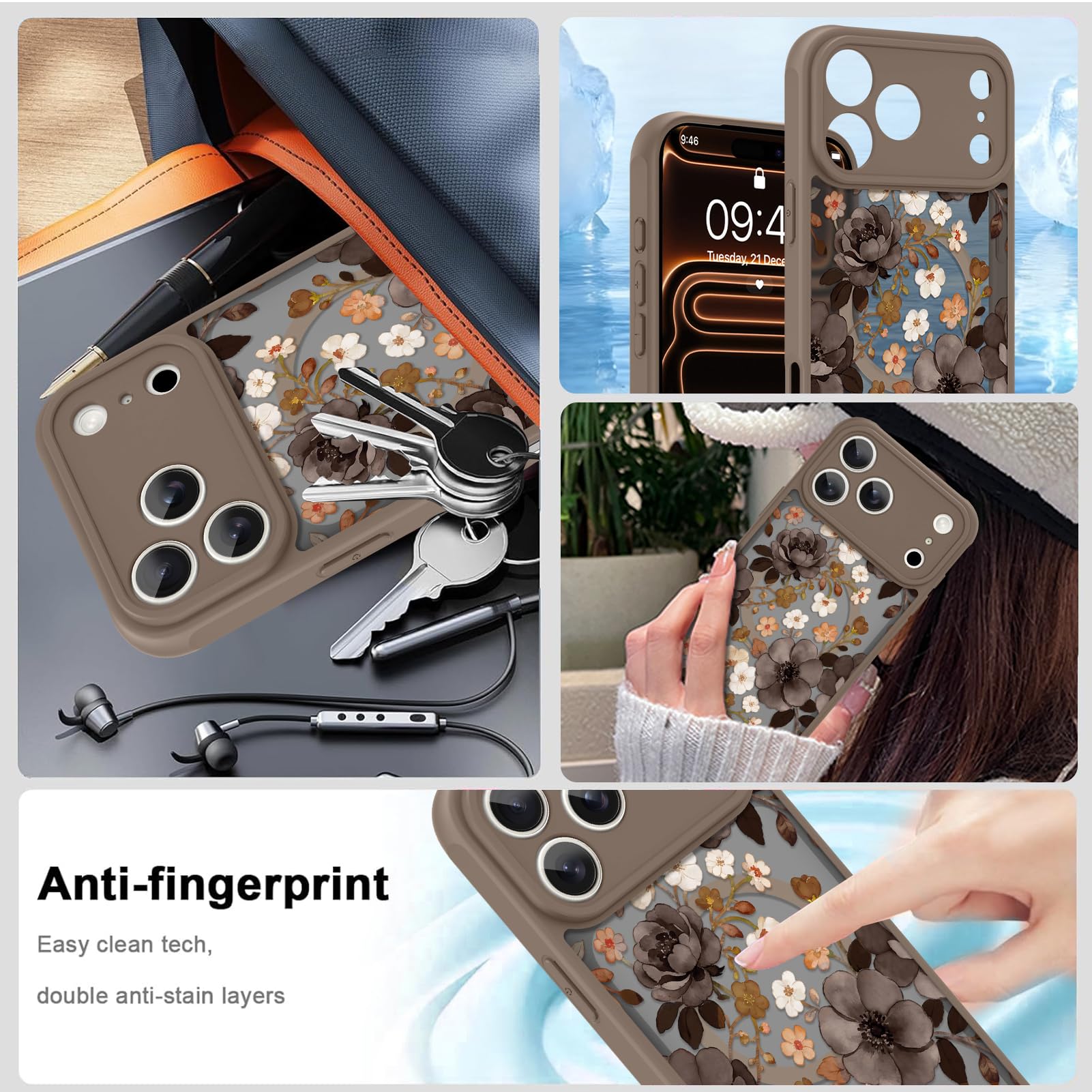 LSL Funda magnética para iPhone 17 Pro Max compatible con MagSafe, bonito diseño de flores, funda protectora de TPU a prueba de golpes para mujeres y niñas, color marrón