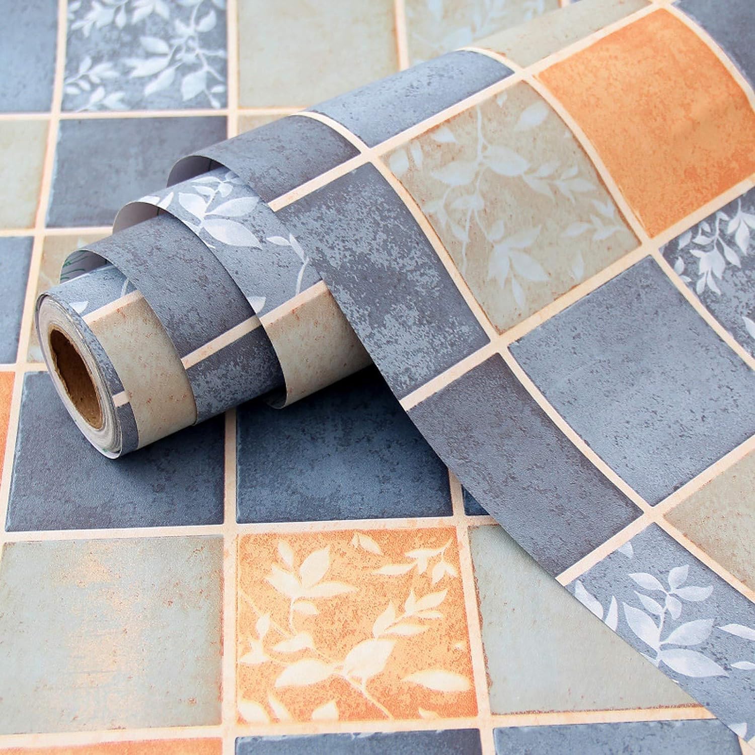 ZANIC Wall Stickers Bathroom Waterproof Kitchen Tiles Pattern, DIY Stove Backsplash, Countertop Self Adhesive Decal (45 x 300 CM, Blue & Orange)