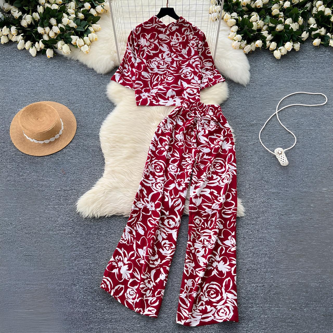 Gufrina Women's Floral Button-Down Co-Ords Set - Shirt Collar Top And Wide-Leg Pants, Casual Chic Outfit (Red Xxl)