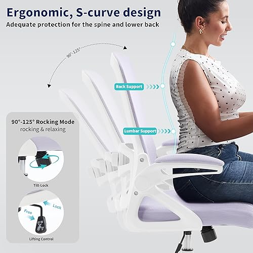 Miniatura 4 de Silla de oficina ergonómica, silla de escritorio con soporte lumbar ajustable, sillas de computadora cómodas de malla transpirable con reposabrazos